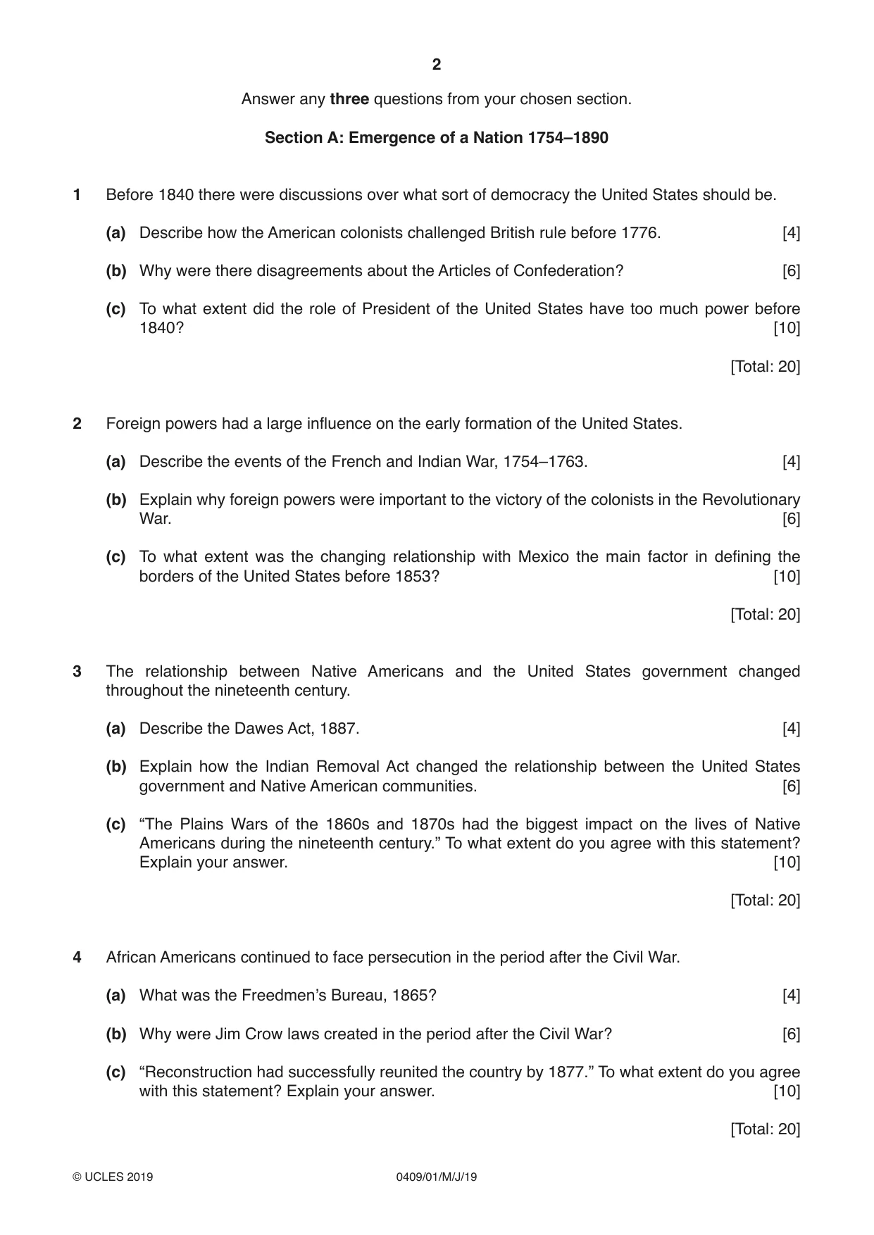Cambridge IGCSE History American BES 0409 2019 May/June Paper 1 · Variant 1 question paper, page 2 of 8