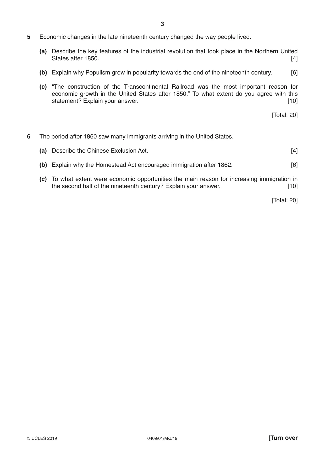 Cambridge IGCSE History American BES 0409 2019 May/June Paper 1 · Variant 1 question paper, page 3 of 8