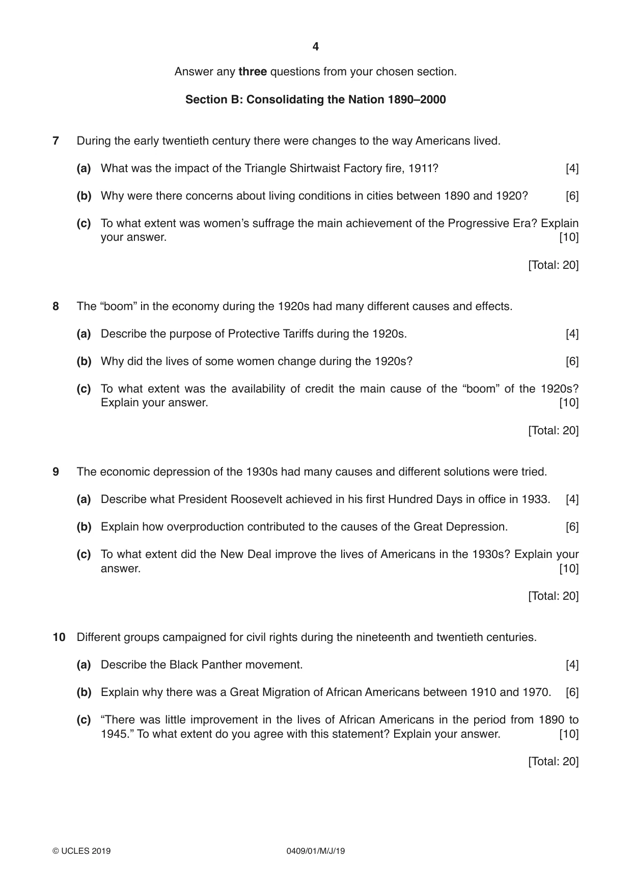 Cambridge IGCSE History American BES 0409 2019 May/June Paper 1 · Variant 1 question paper, page 4 of 8