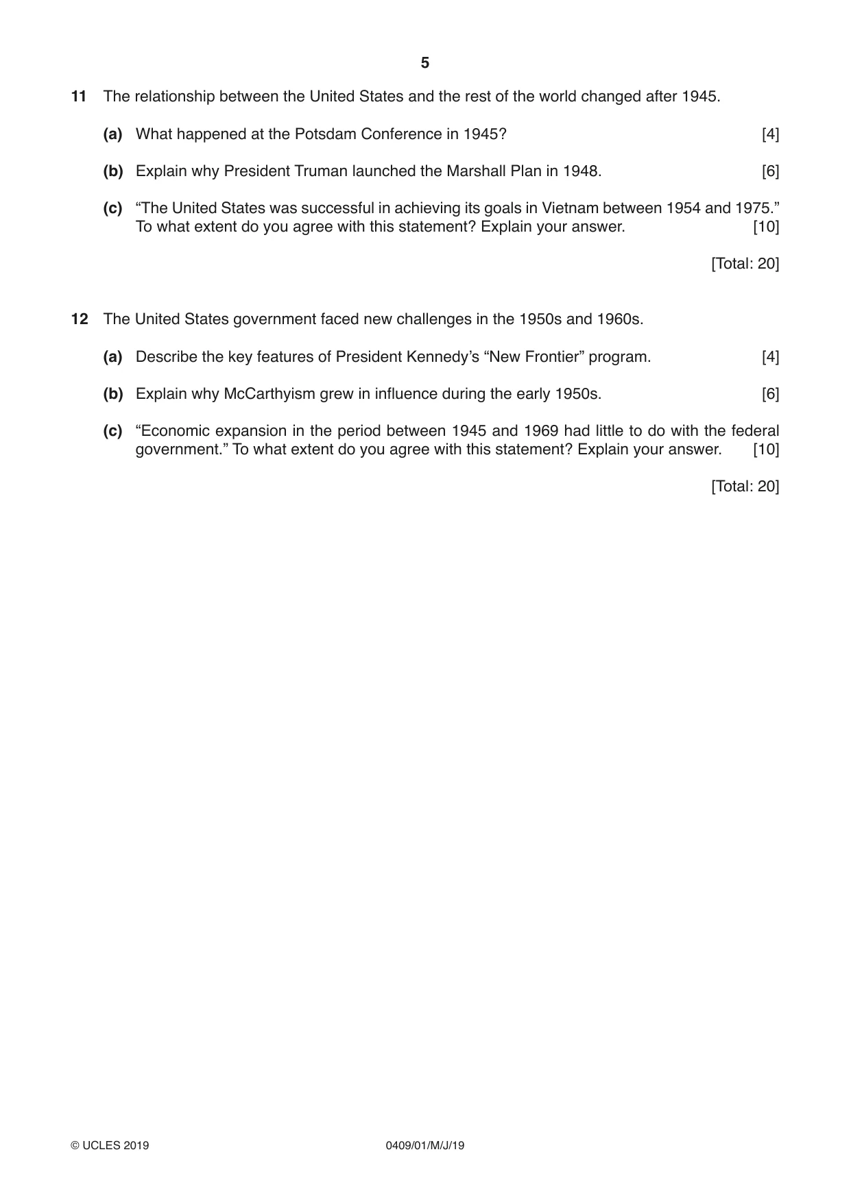 Cambridge IGCSE History American BES 0409 2019 May/June Paper 1 · Variant 1 question paper, page 5 of 8