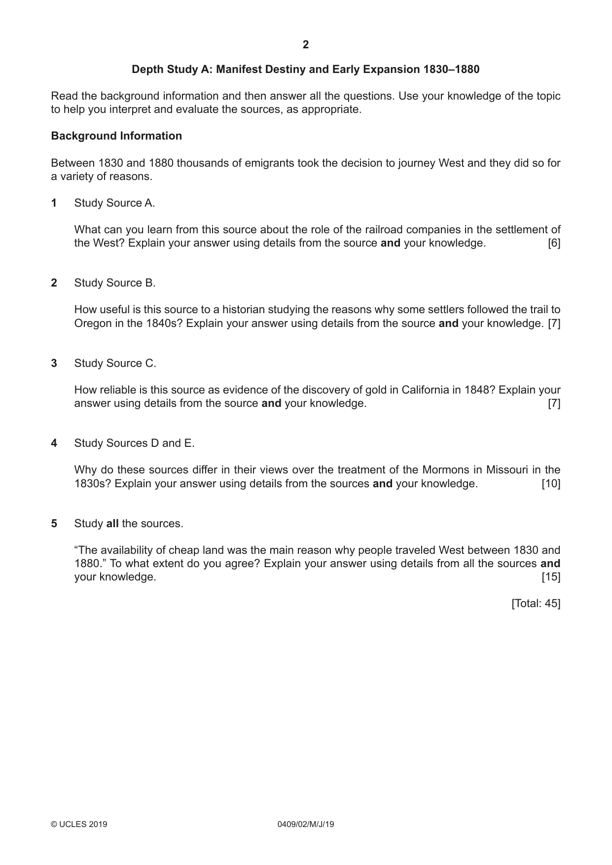 Cambridge IGCSE History American BES 0409 2019 May/June Paper 2 · Variant 1 question paper, page 2 of 8