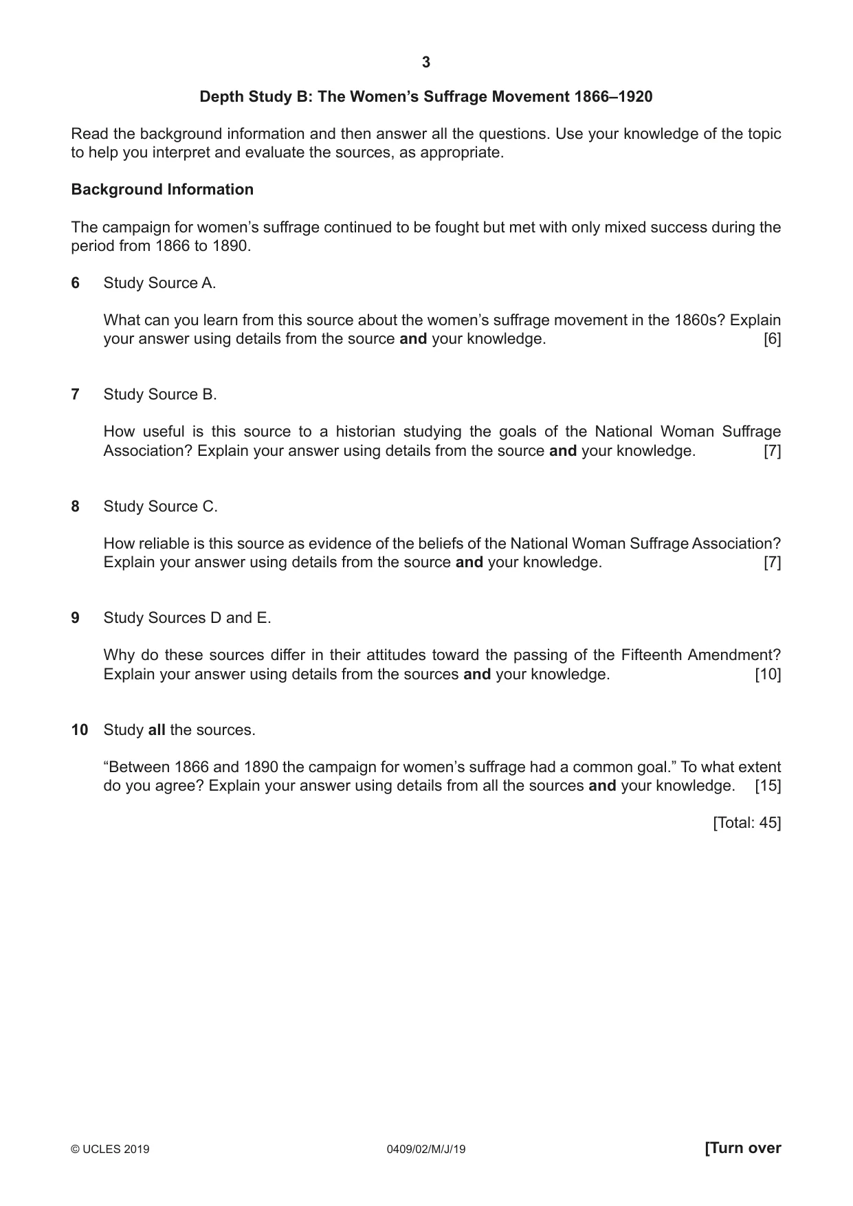 Cambridge IGCSE History American BES 0409 2019 May/June Paper 2 · Variant 1 question paper, page 3 of 8