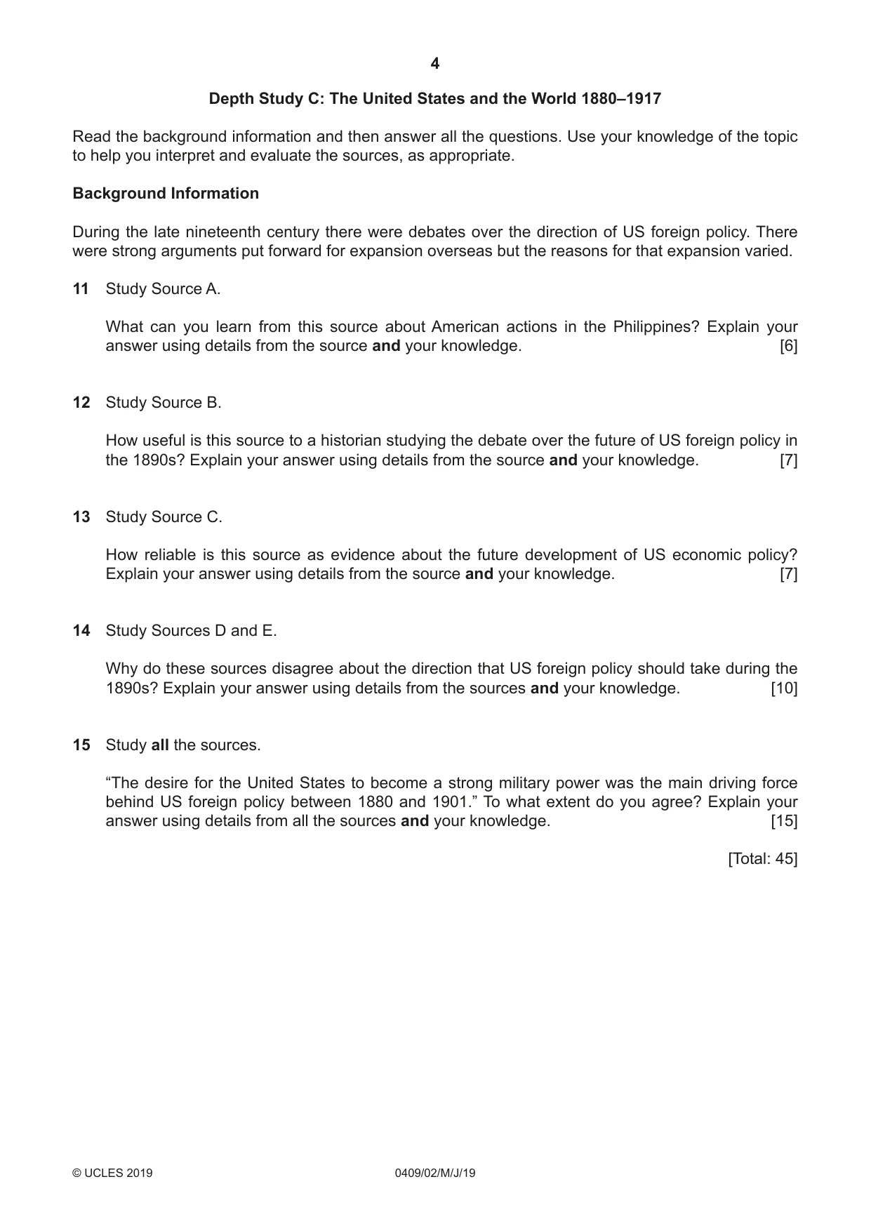 Cambridge IGCSE History American BES 0409 2019 May/June Paper 2 · Variant 1 question paper, page 4 of 8