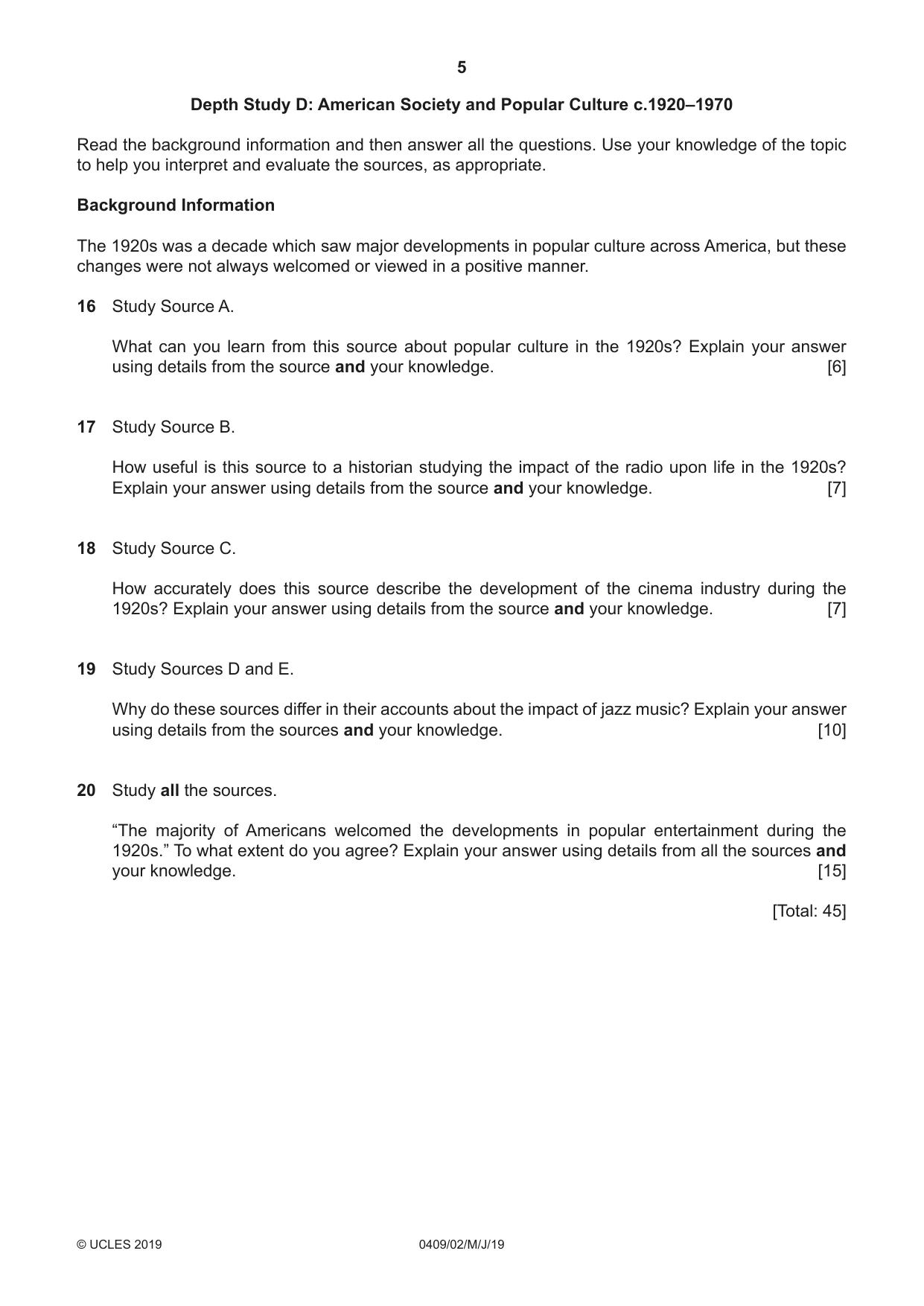 Cambridge IGCSE History American BES 0409 2019 May/June Paper 2 · Variant 1 question paper, page 5 of 8
