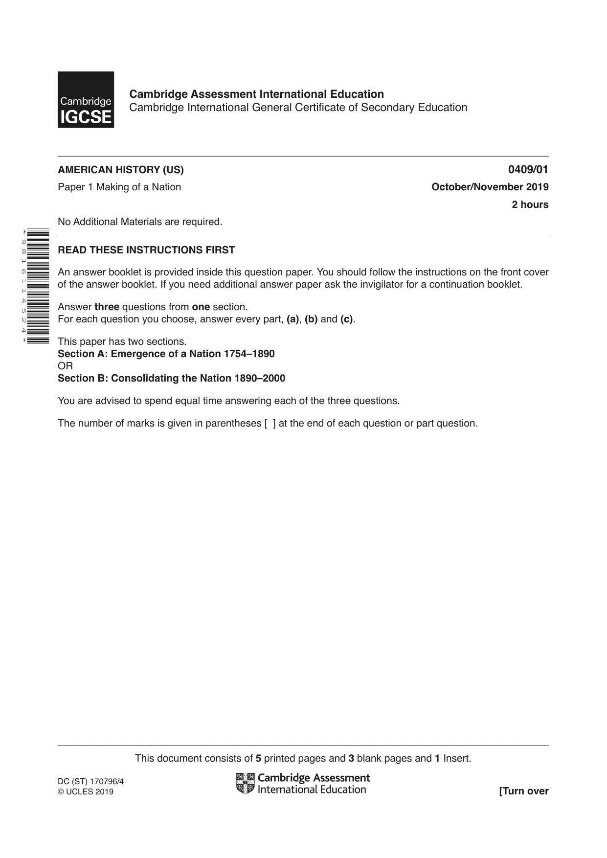 Cambridge IGCSE History American BES 0409 2019 Oct/Nov Paper 1 · Variant 1 question paper, page 1 of 8