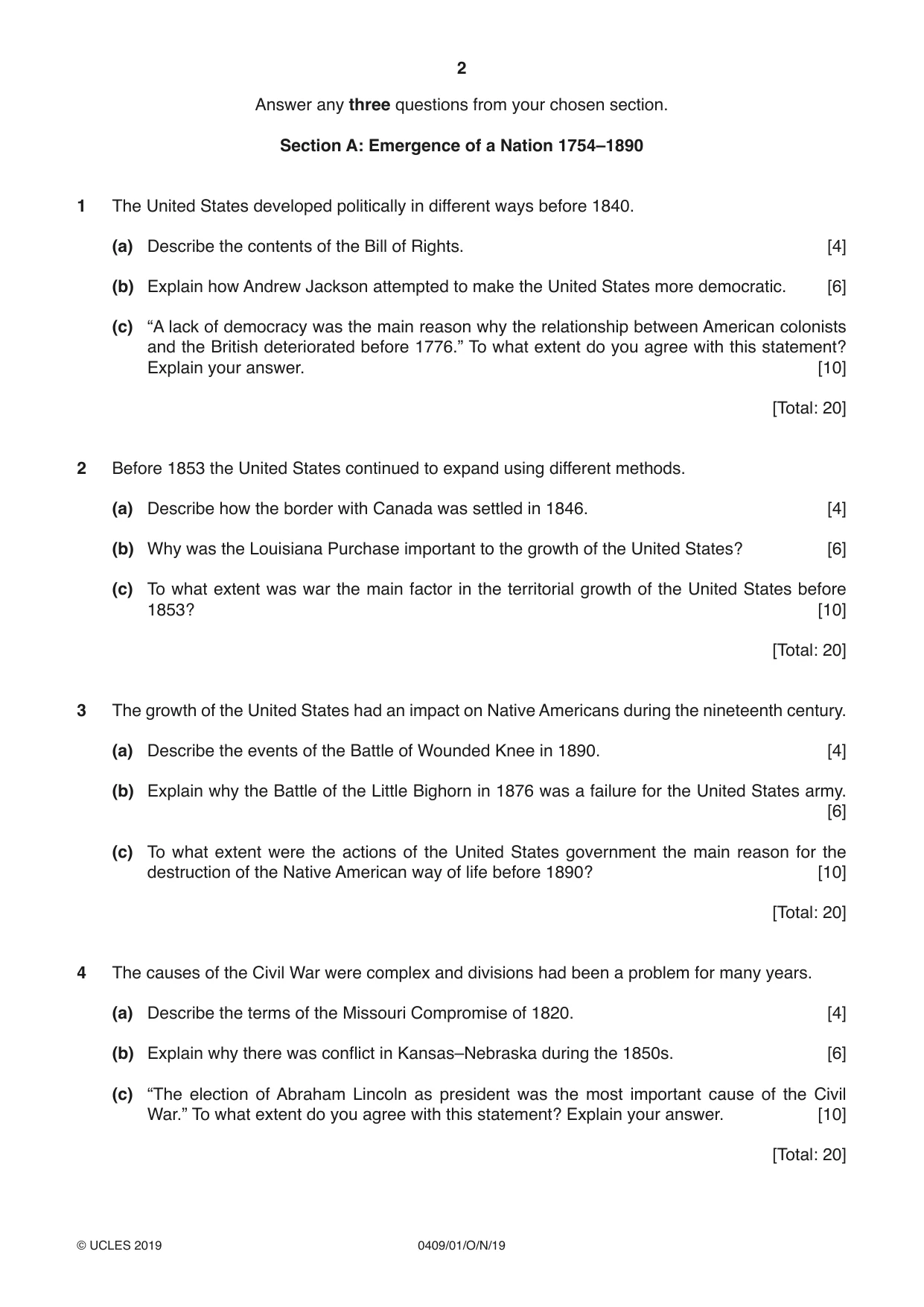 Cambridge IGCSE History American BES 0409 2019 Oct/Nov Paper 1 · Variant 1 question paper, page 2 of 8