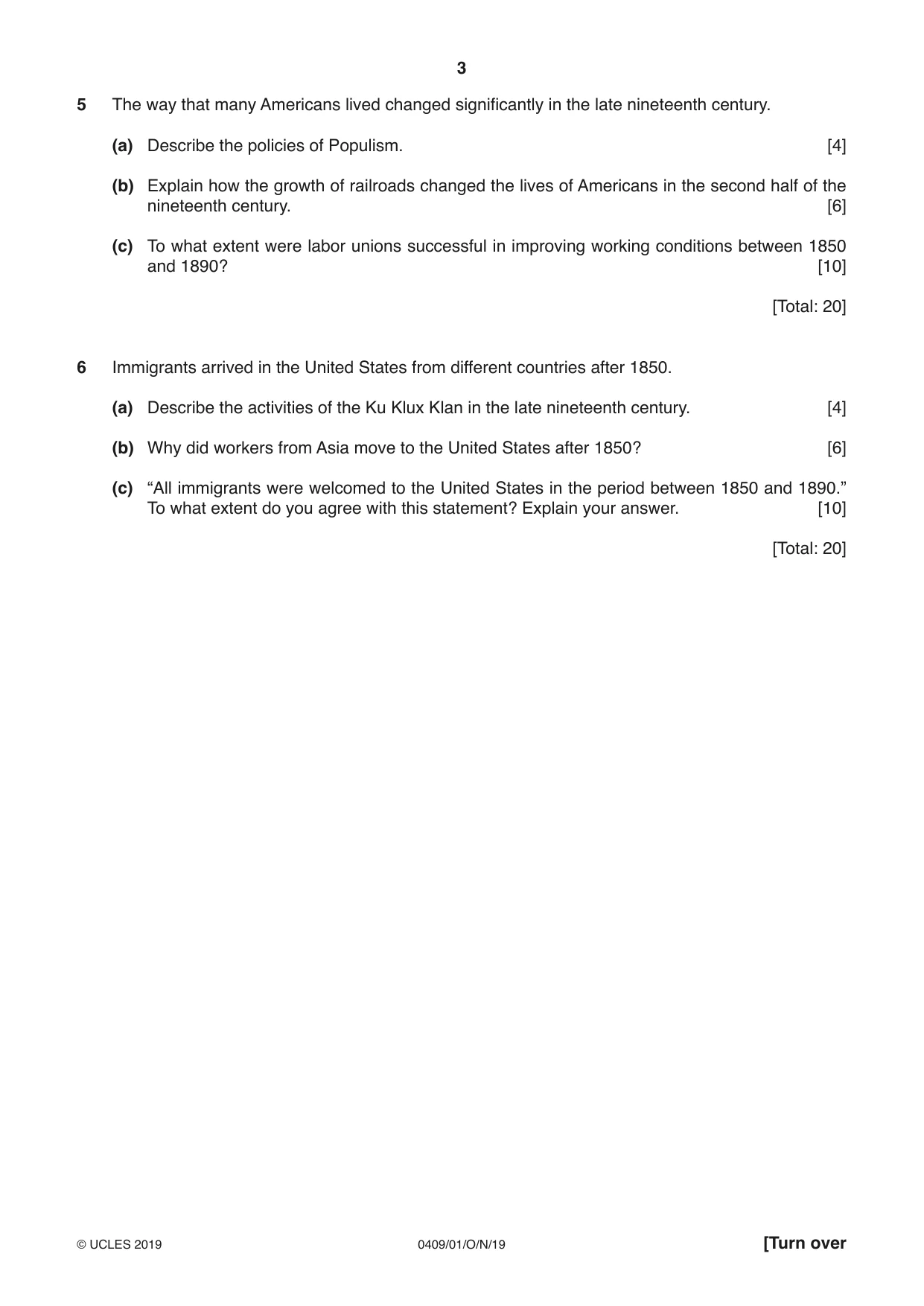 Cambridge IGCSE History American BES 0409 2019 Oct/Nov Paper 1 · Variant 1 question paper, page 3 of 8
