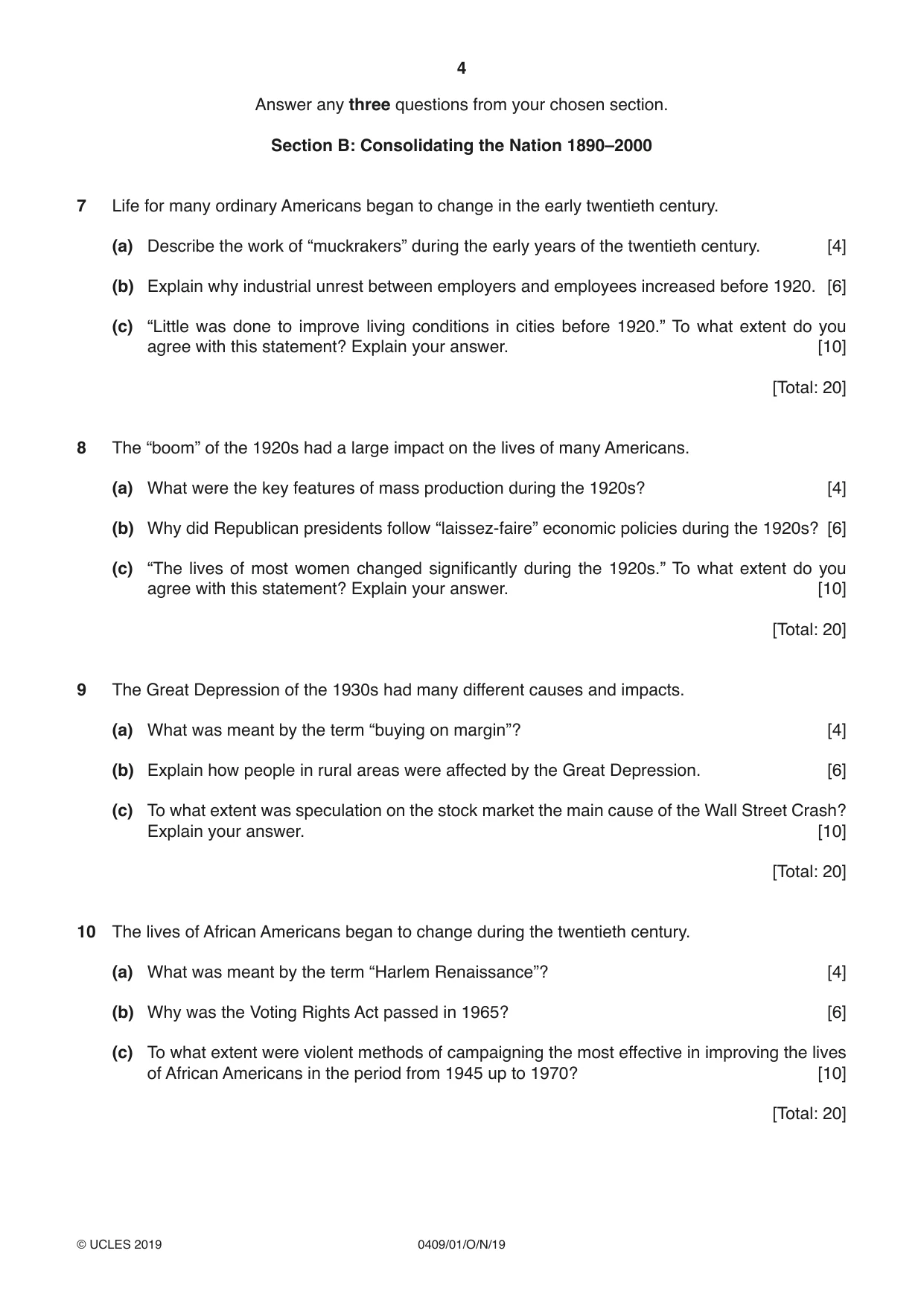 Cambridge IGCSE History American BES 0409 2019 Oct/Nov Paper 1 · Variant 1 question paper, page 4 of 8