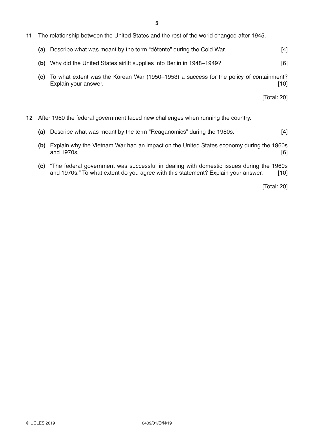 Cambridge IGCSE History American BES 0409 2019 Oct/Nov Paper 1 · Variant 1 question paper, page 5 of 8