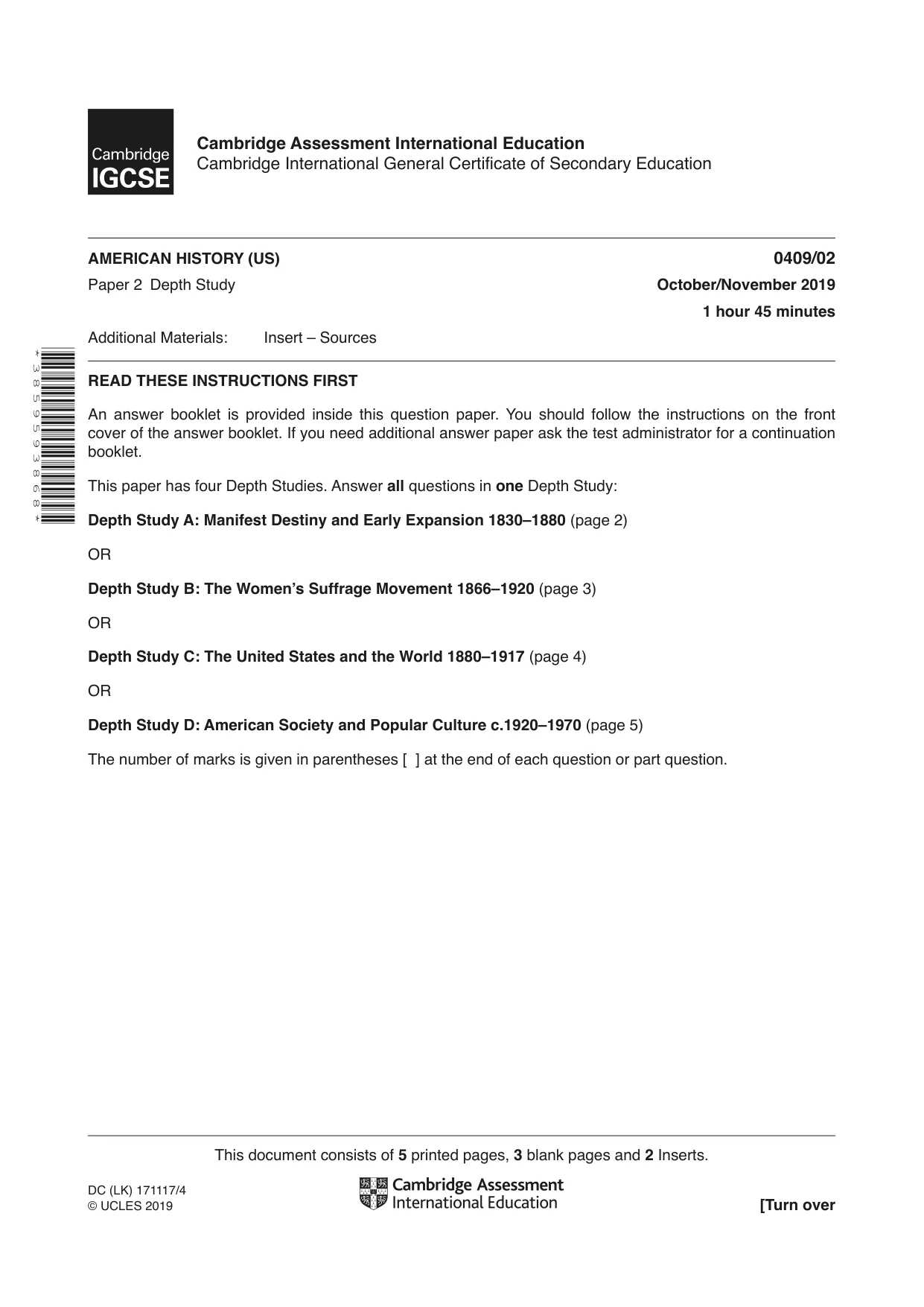 Cambridge IGCSE History American BES 0409 2019 Oct/Nov Paper 2 · Variant 1 question paper, page 1 of 8