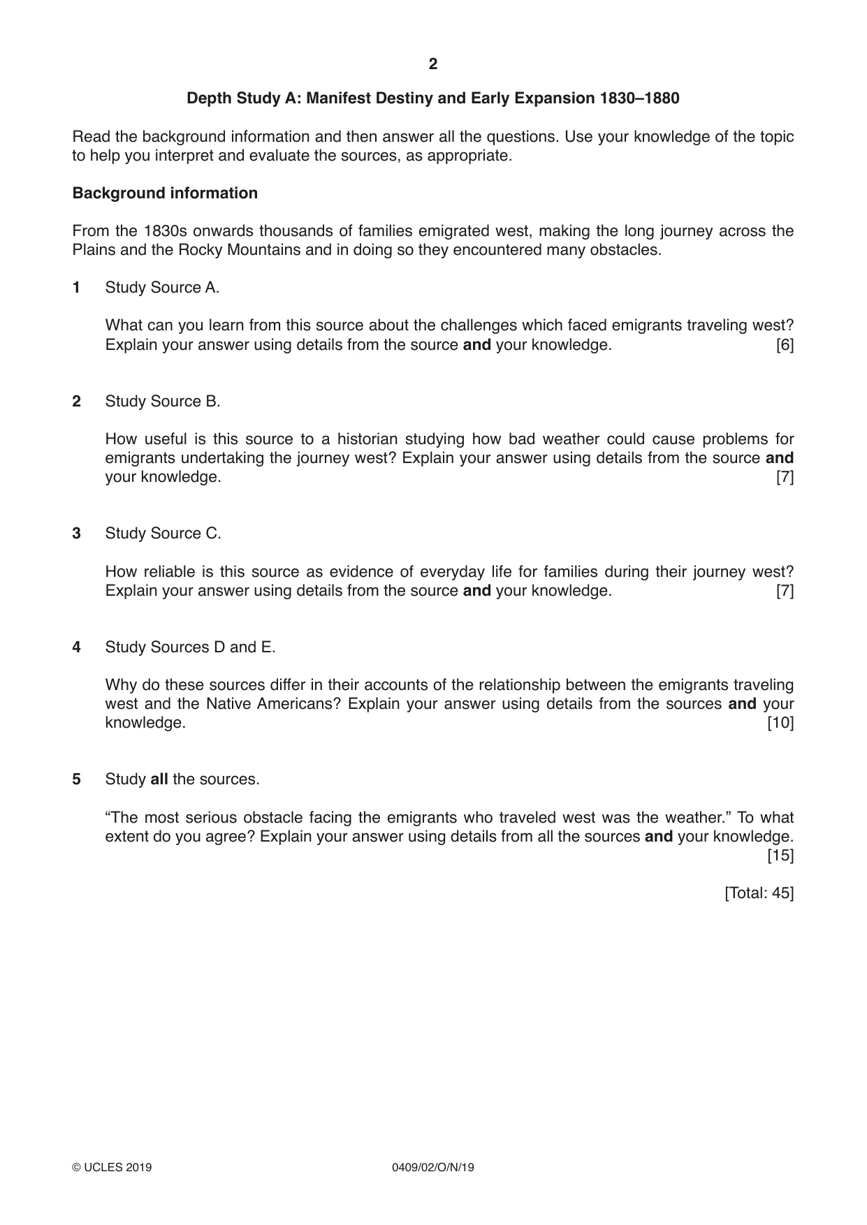 Cambridge IGCSE History American BES 0409 2019 Oct/Nov Paper 2 · Variant 1 question paper, page 2 of 8