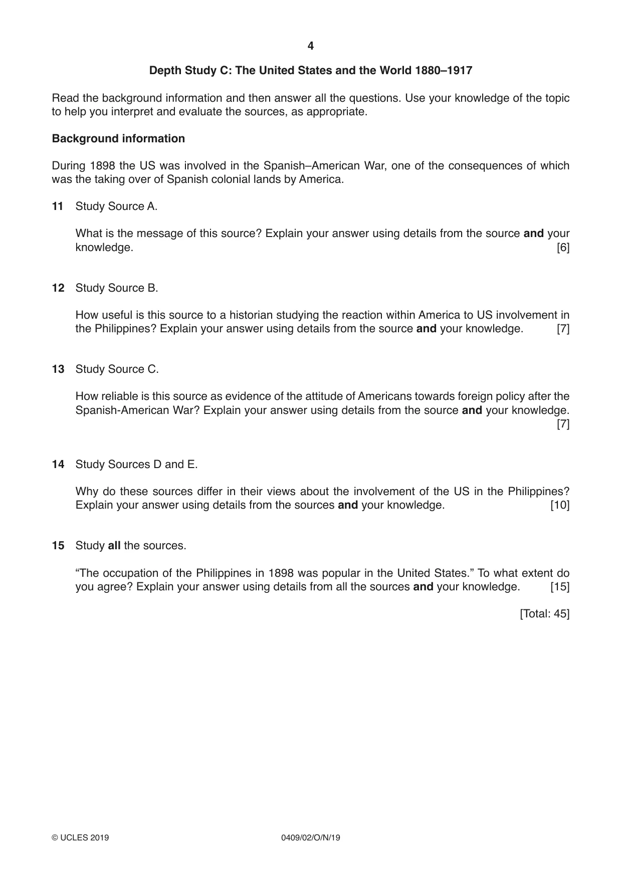 Cambridge IGCSE History American BES 0409 2019 Oct/Nov Paper 2 · Variant 1 question paper, page 4 of 8