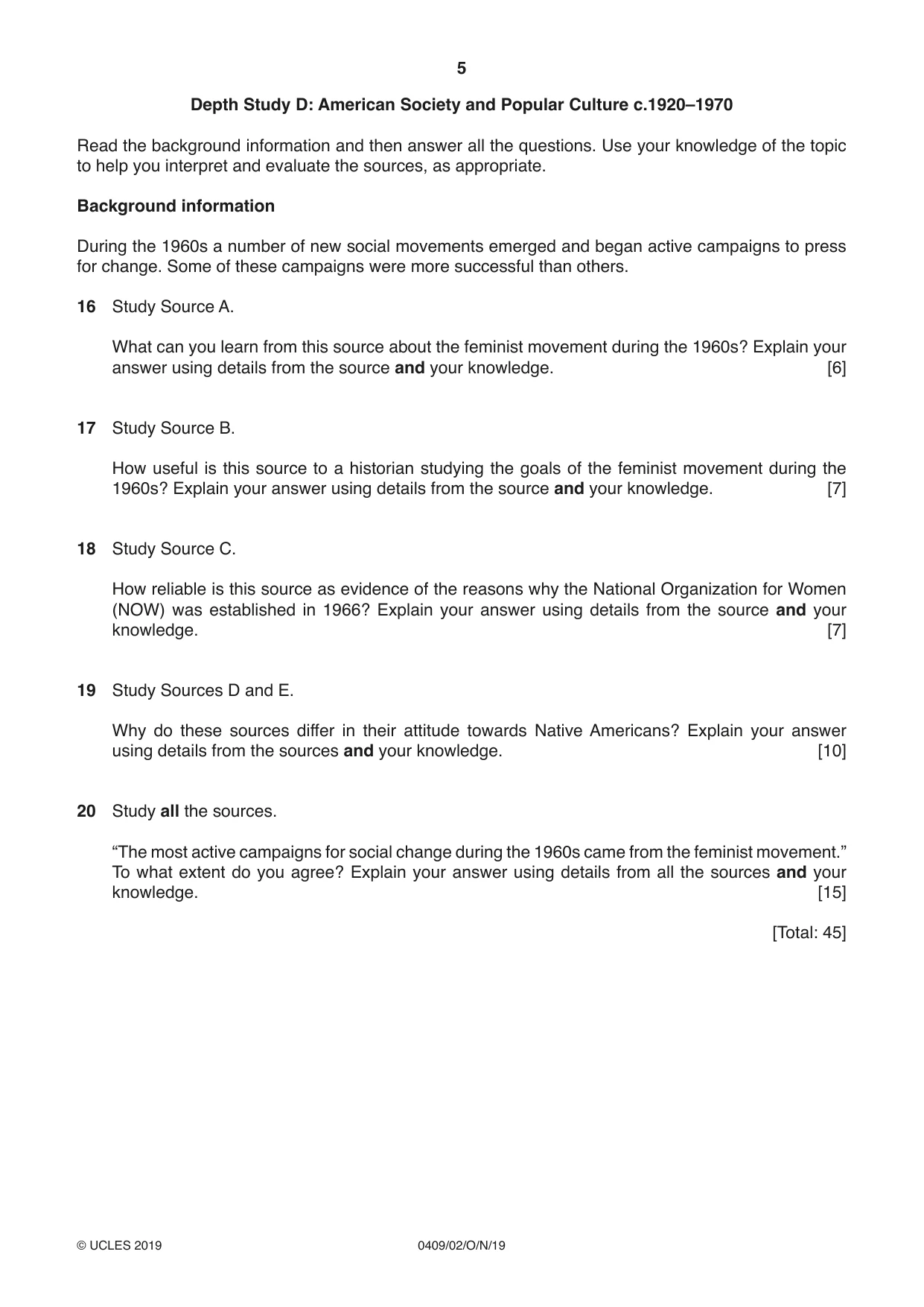 Cambridge IGCSE History American BES 0409 2019 Oct/Nov Paper 2 · Variant 1 question paper, page 5 of 8