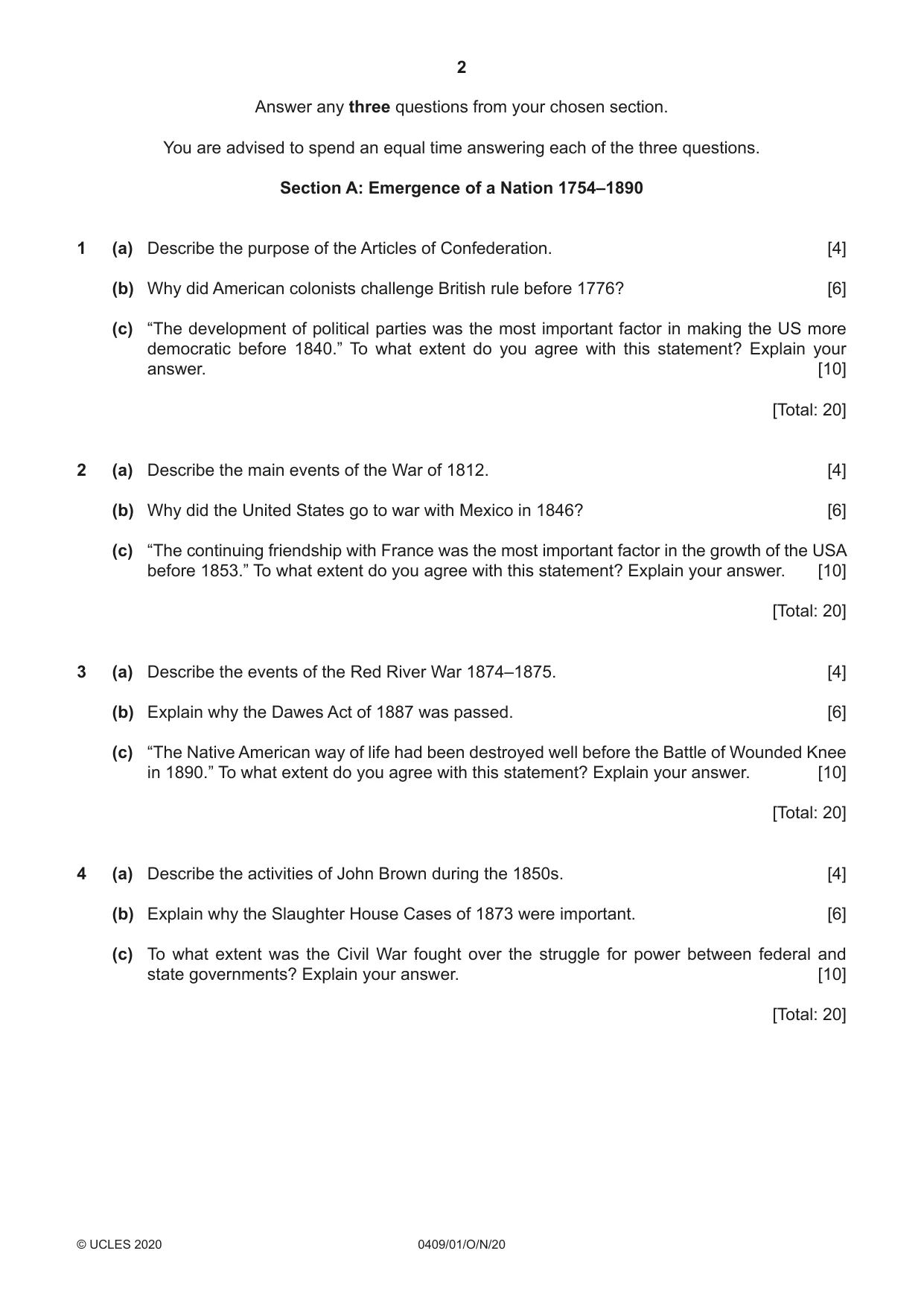 Cambridge IGCSE History American BES 0409 2020 Oct/Nov Paper 1 · Variant 0 question paper, page 2 of 8