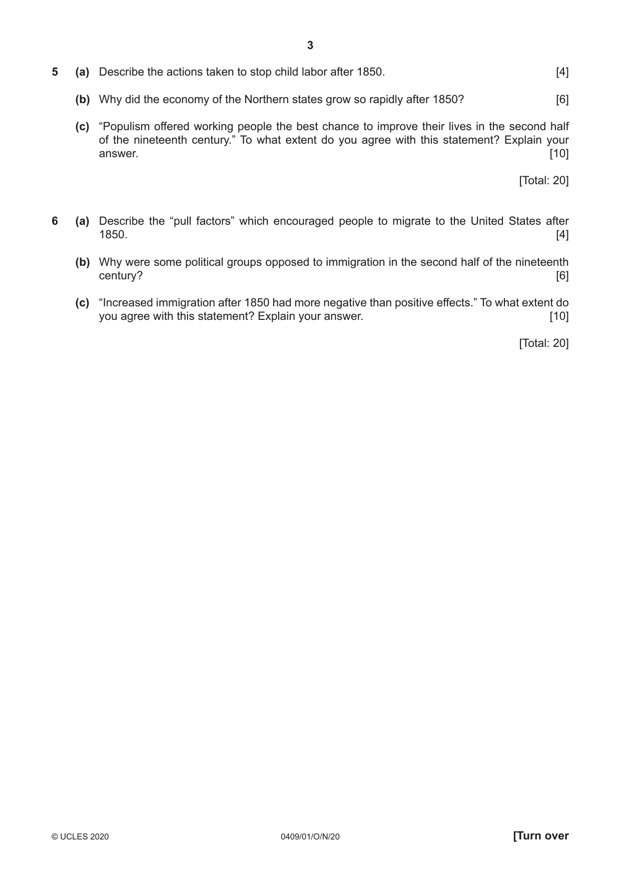 Cambridge IGCSE History American BES 0409 2020 Oct/Nov Paper 1 · Variant 0 question paper, page 3 of 8
