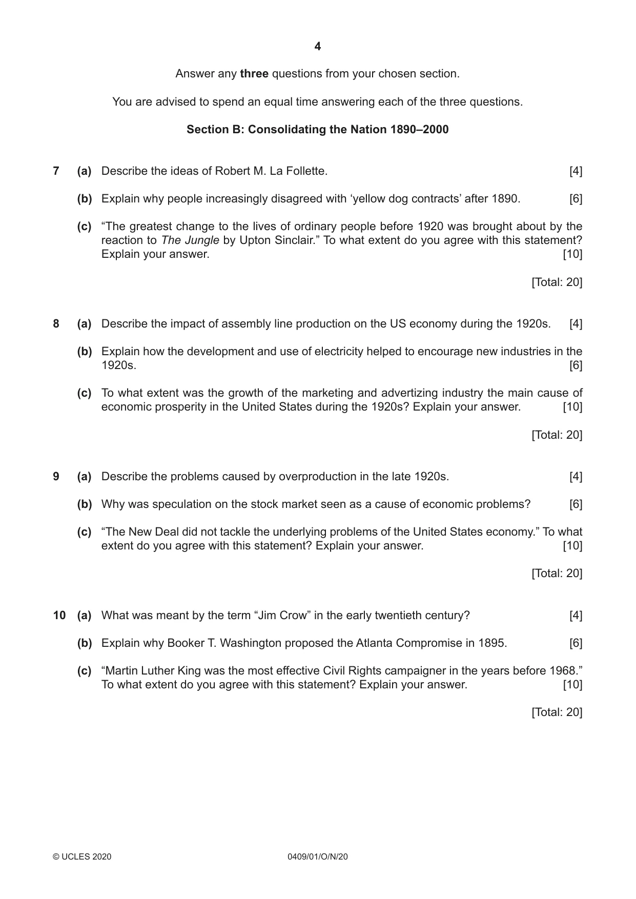 Cambridge IGCSE History American BES 0409 2020 Oct/Nov Paper 1 · Variant 0 question paper, page 4 of 8