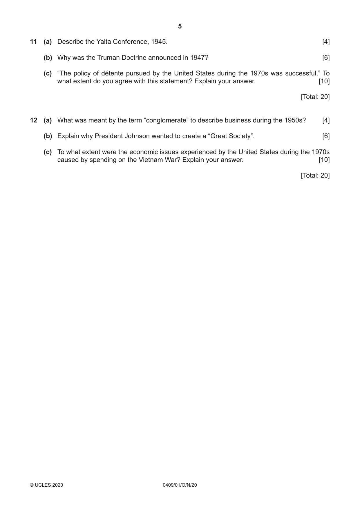 Cambridge IGCSE History American BES 0409 2020 Oct/Nov Paper 1 · Variant 0 question paper, page 5 of 8