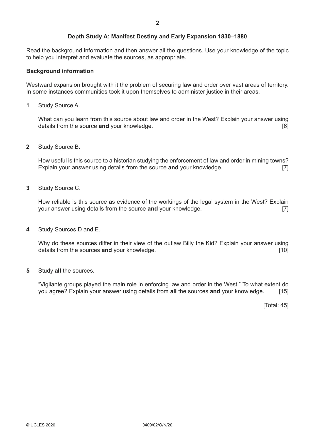 Cambridge IGCSE History American BES 0409 2020 Oct/Nov Paper 2 · Variant 0 question paper, page 2 of 8