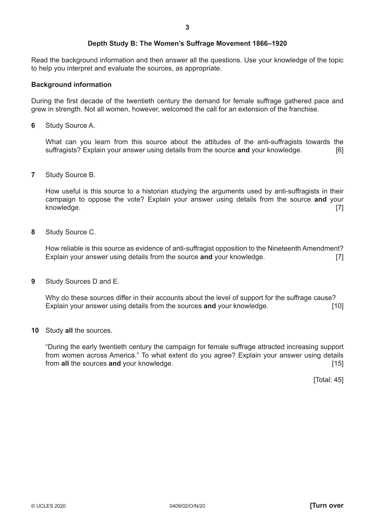 Cambridge IGCSE History American BES 0409 2020 Oct/Nov Paper 2 · Variant 0 question paper, page 3 of 8