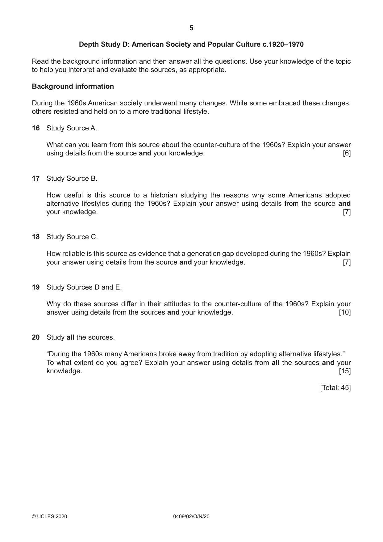 Cambridge IGCSE History American BES 0409 2020 Oct/Nov Paper 2 · Variant 0 question paper, page 5 of 8