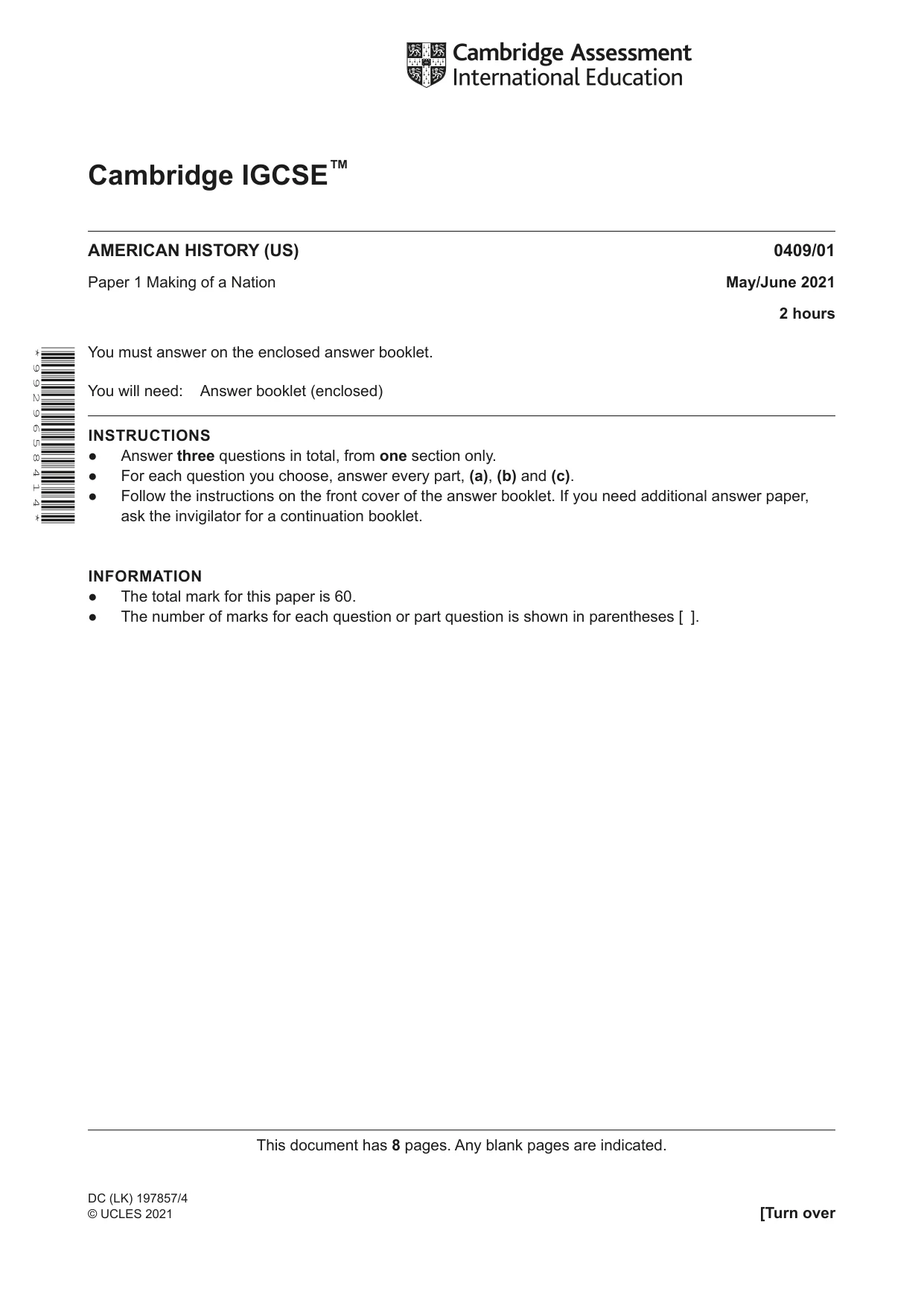 Cambridge IGCSE History American BES 0409 2021 May/June Paper 1 · Variant 0 question paper, page 1 of 8