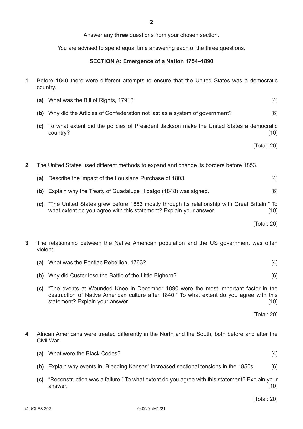 Cambridge IGCSE History American BES 0409 2021 May/June Paper 1 · Variant 0 question paper, page 2 of 8