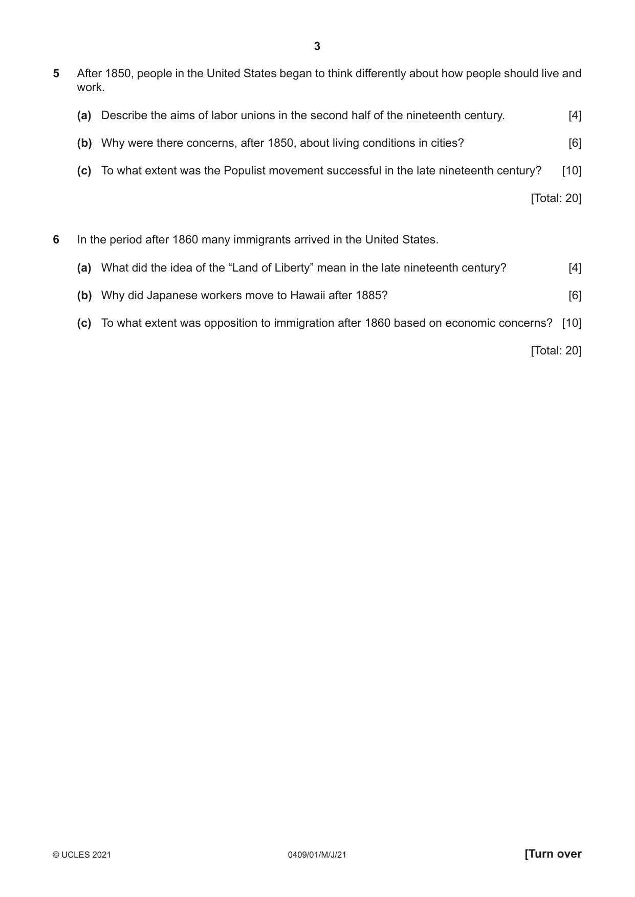Cambridge IGCSE History American BES 0409 2021 May/June Paper 1 · Variant 0 question paper, page 3 of 8