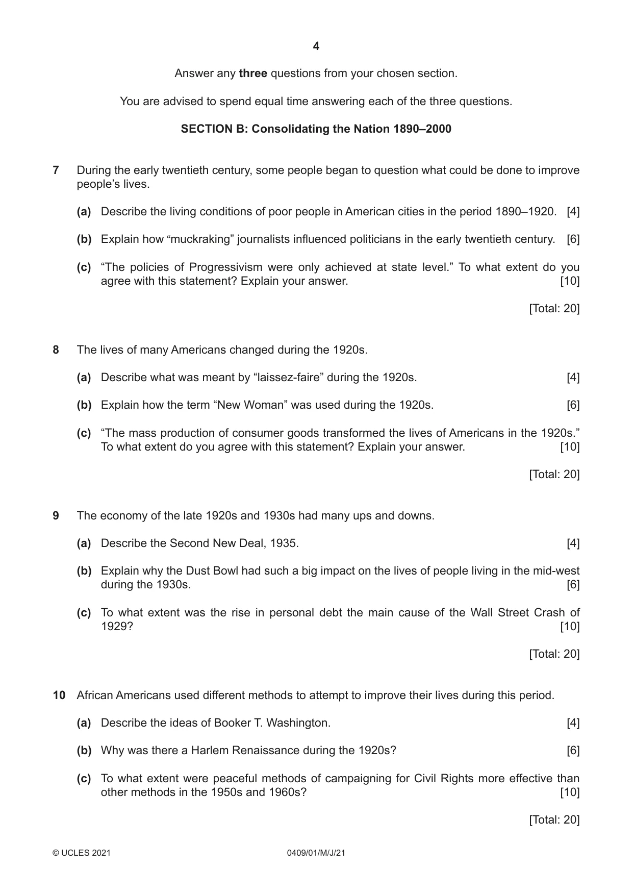 Cambridge IGCSE History American BES 0409 2021 May/June Paper 1 · Variant 0 question paper, page 4 of 8