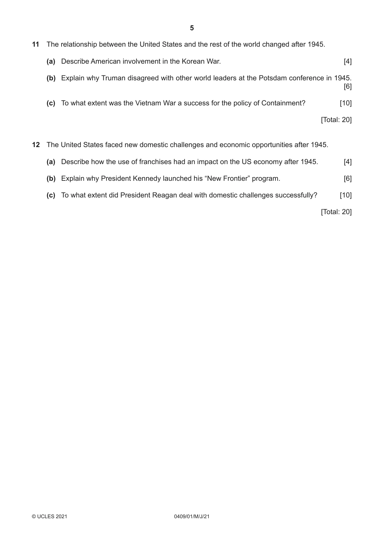 Cambridge IGCSE History American BES 0409 2021 May/June Paper 1 · Variant 0 question paper, page 5 of 8