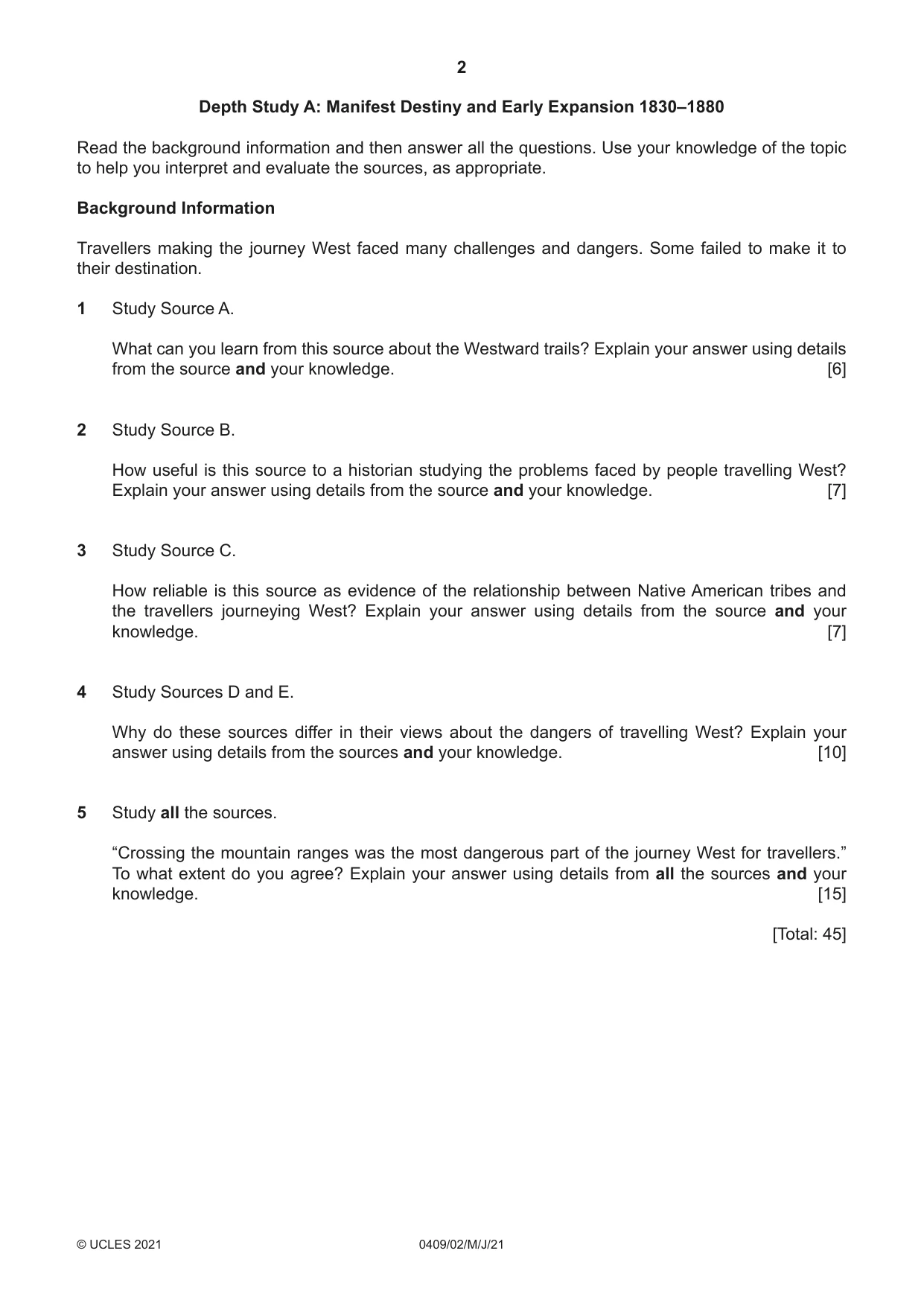 Cambridge IGCSE History American BES 0409 2021 May/June Paper 2 · Variant 0 question paper, page 2 of 8