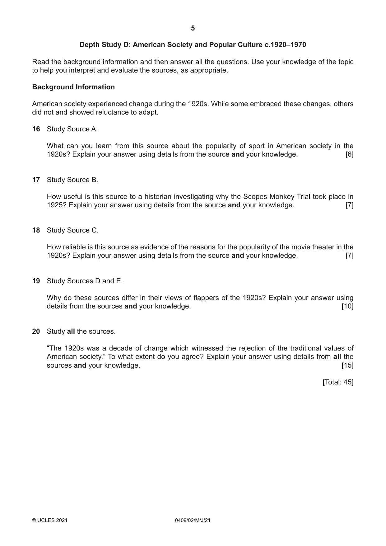 Cambridge IGCSE History American BES 0409 2021 May/June Paper 2 · Variant 0 question paper, page 5 of 8