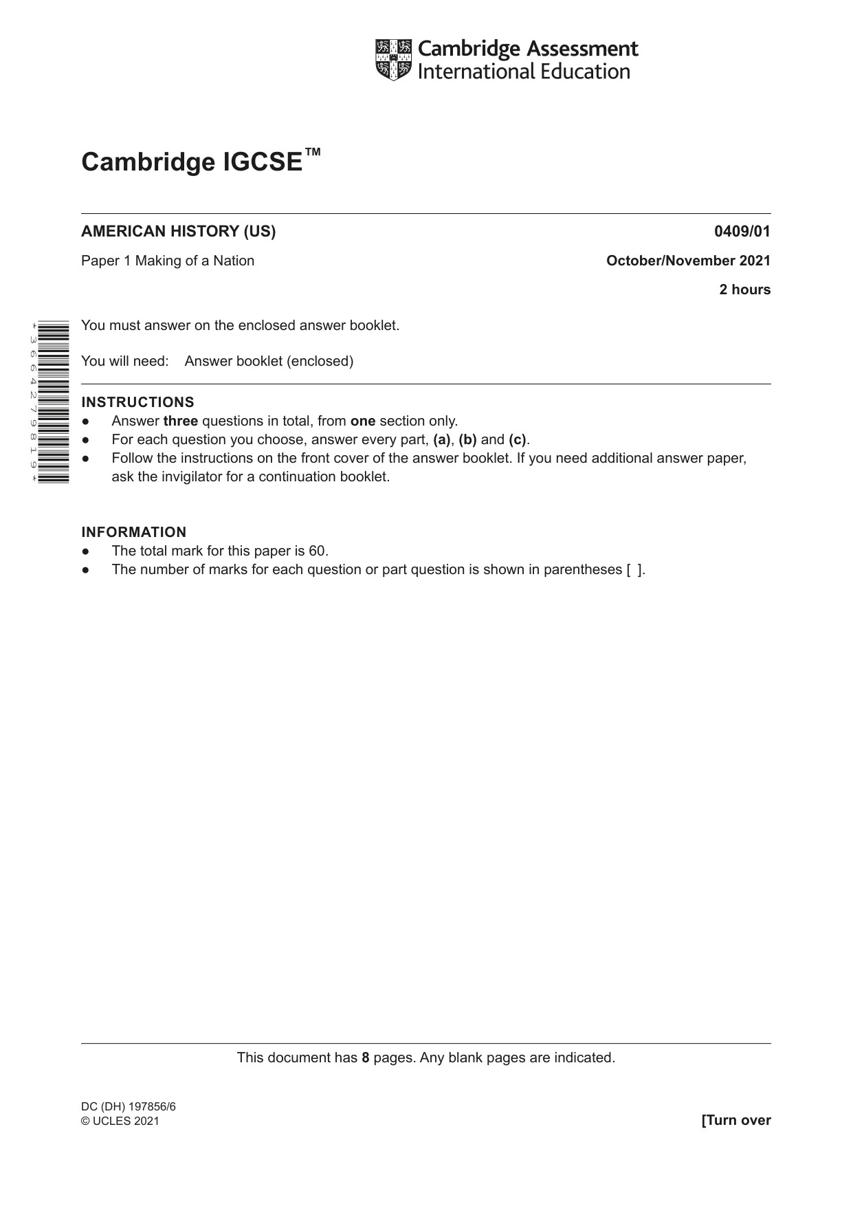 Cambridge IGCSE History American BES 0409 2021 Oct/Nov Paper 1 · Variant 0 question paper, page 1 of 8