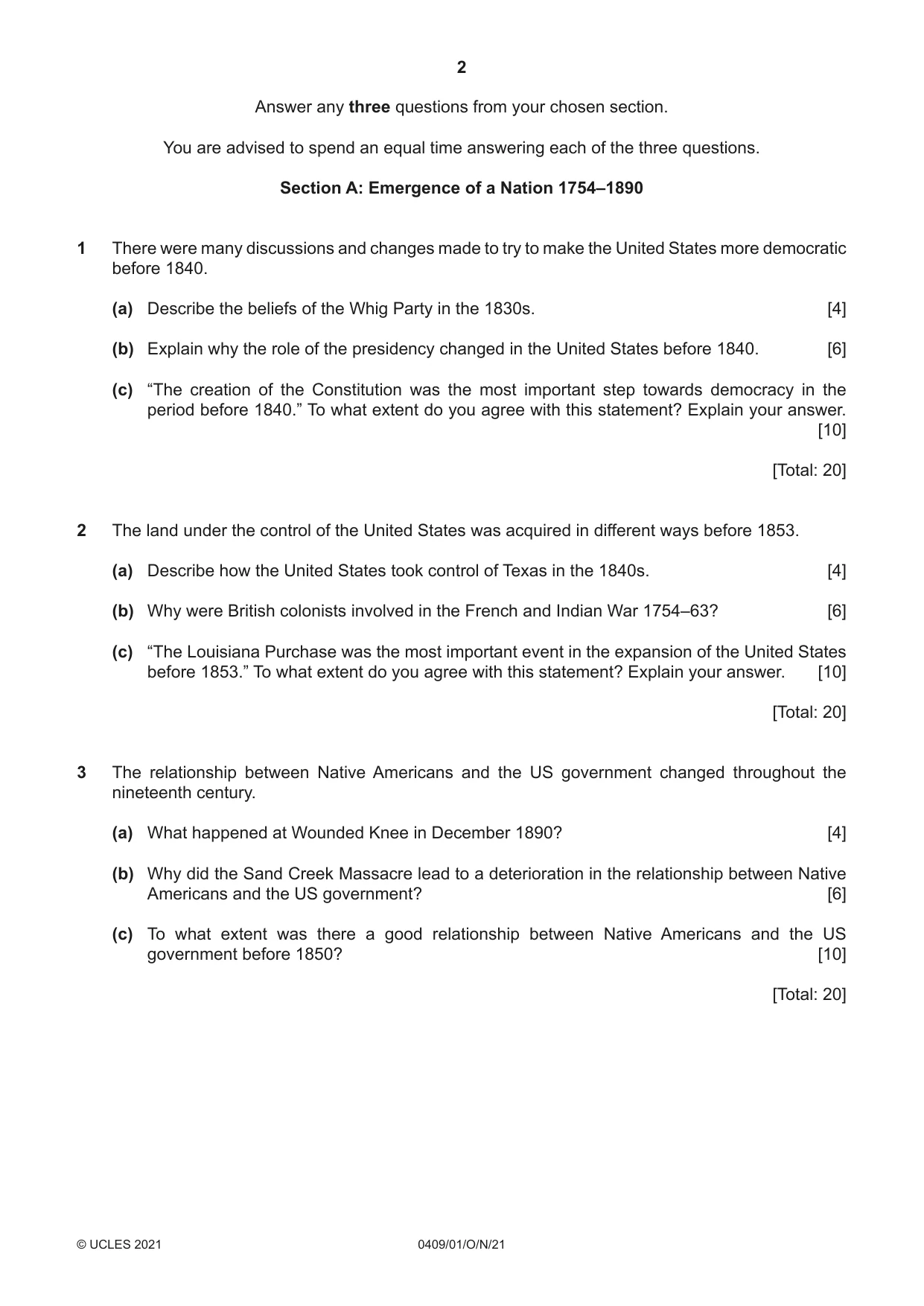 Cambridge IGCSE History American BES 0409 2021 Oct/Nov Paper 1 · Variant 0 question paper, page 2 of 8