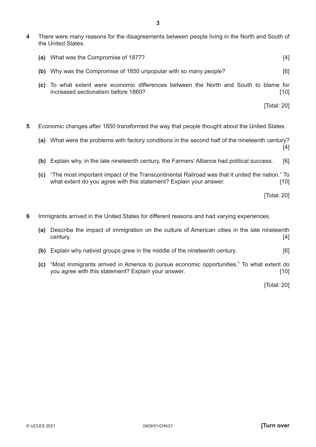 Cambridge IGCSE History American BES 0409 2021 Oct/Nov Paper 1 · Variant 0 question paper, page 3 of 8