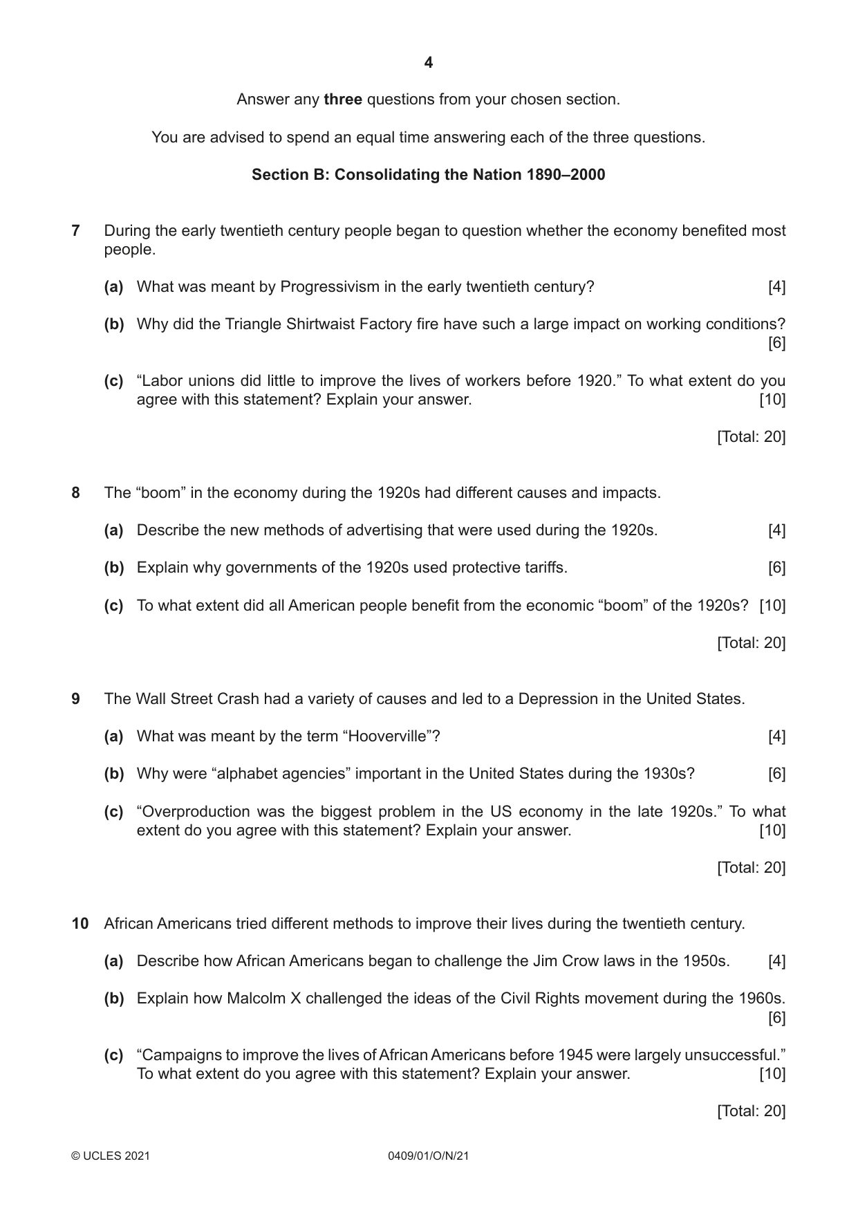 Cambridge IGCSE History American BES 0409 2021 Oct/Nov Paper 1 · Variant 0 question paper, page 4 of 8
