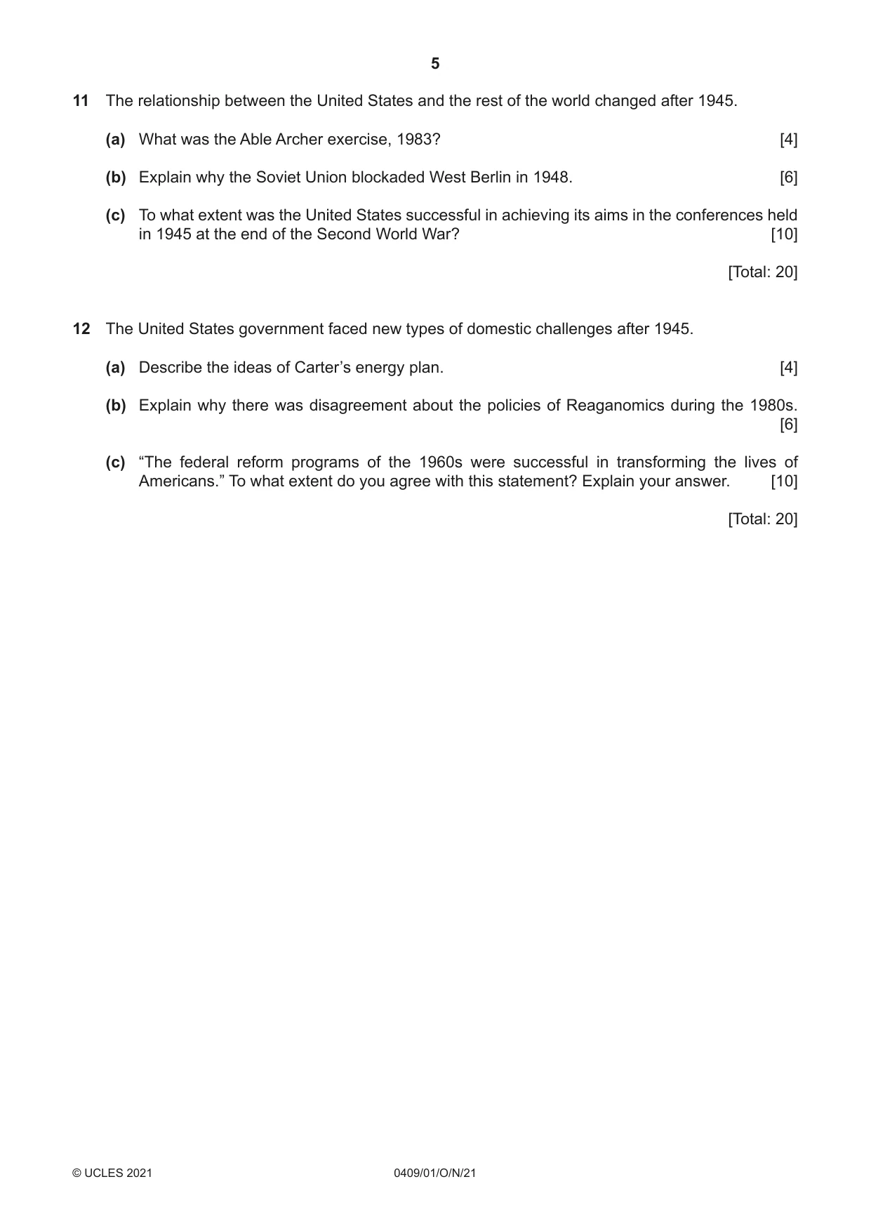 Cambridge IGCSE History American BES 0409 2021 Oct/Nov Paper 1 · Variant 0 question paper, page 5 of 8