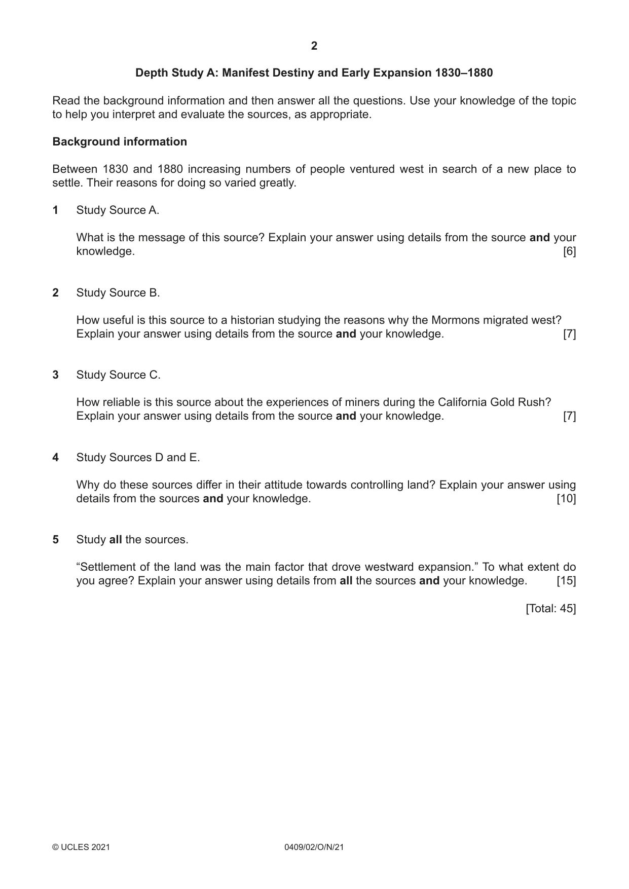 Cambridge IGCSE History American BES 0409 2021 Oct/Nov Paper 2 · Variant 0 question paper, page 2 of 8