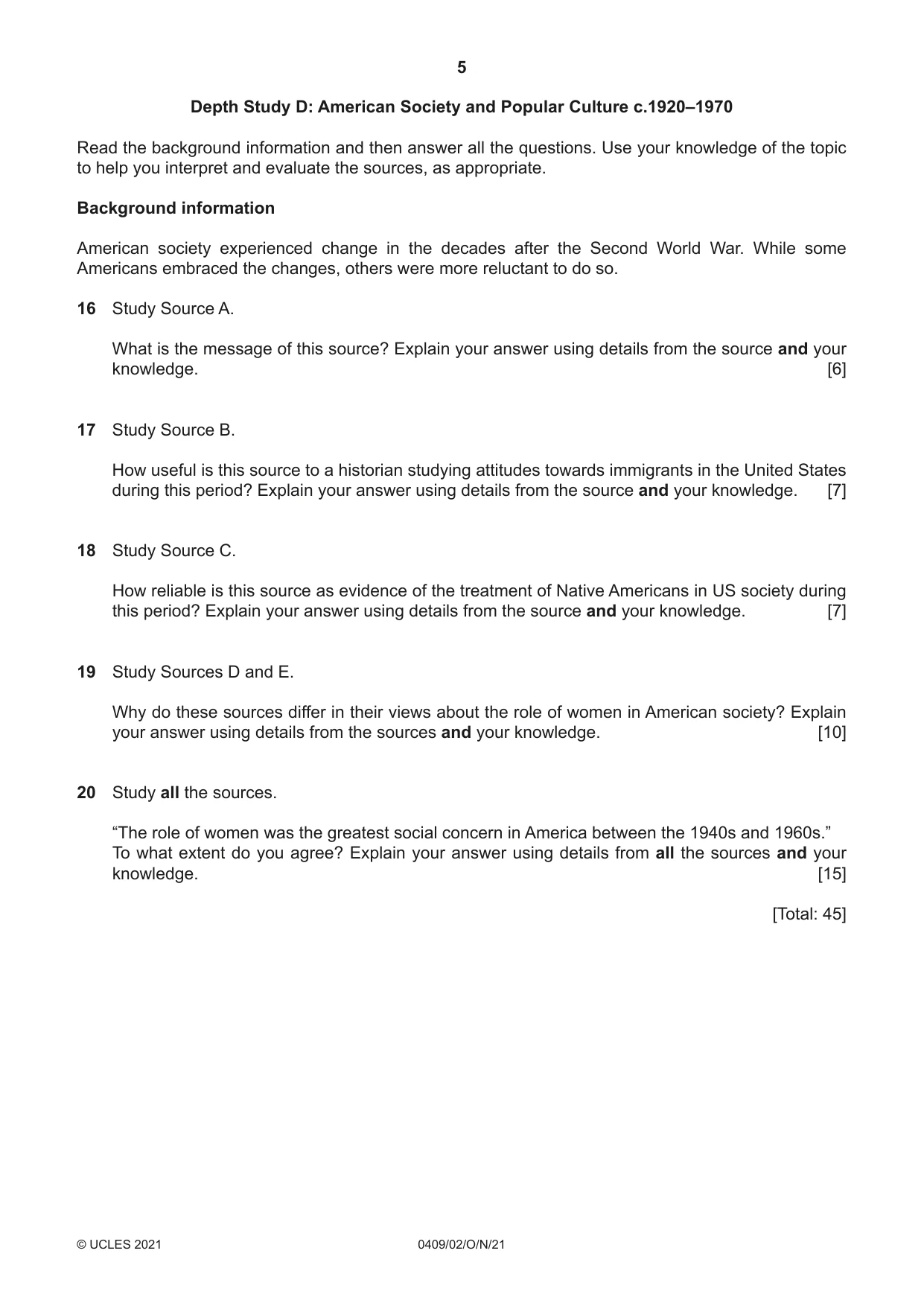 Cambridge IGCSE History American BES 0409 2021 Oct/Nov Paper 2 · Variant 0 question paper, page 5 of 8