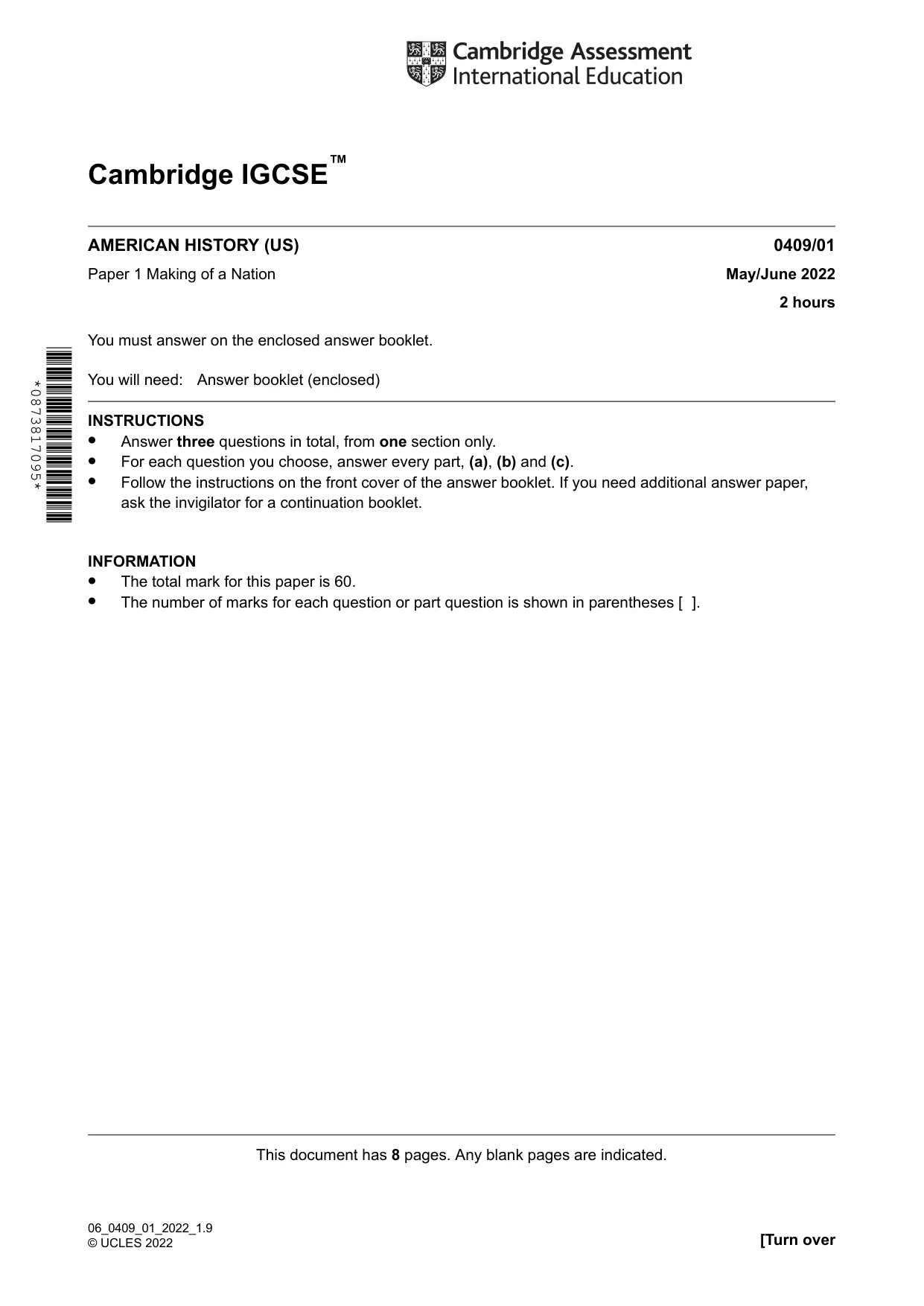 Cambridge IGCSE History American BES 0409 2022 May/June Paper 1 · Variant 0 question paper, page 1 of 8