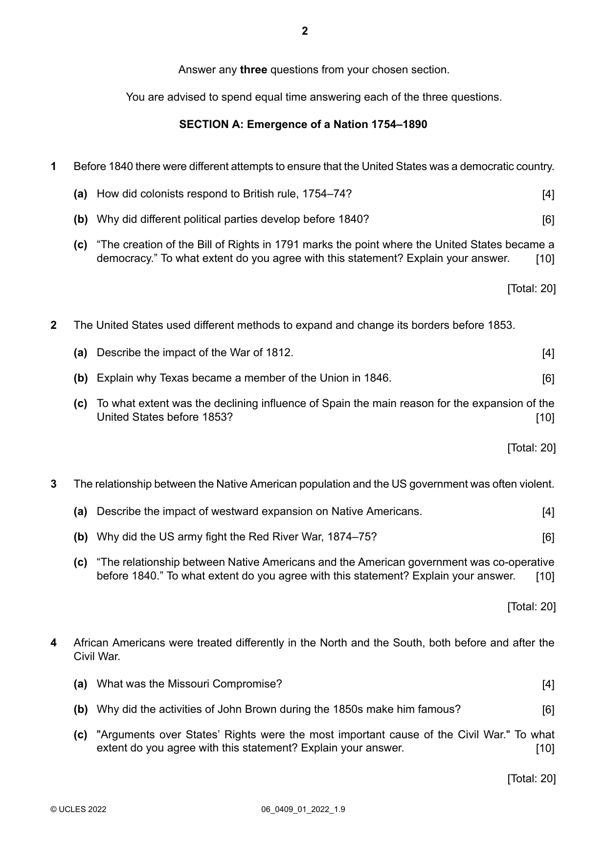Cambridge IGCSE History American BES 0409 2022 May/June Paper 1 · Variant 0 question paper, page 2 of 8