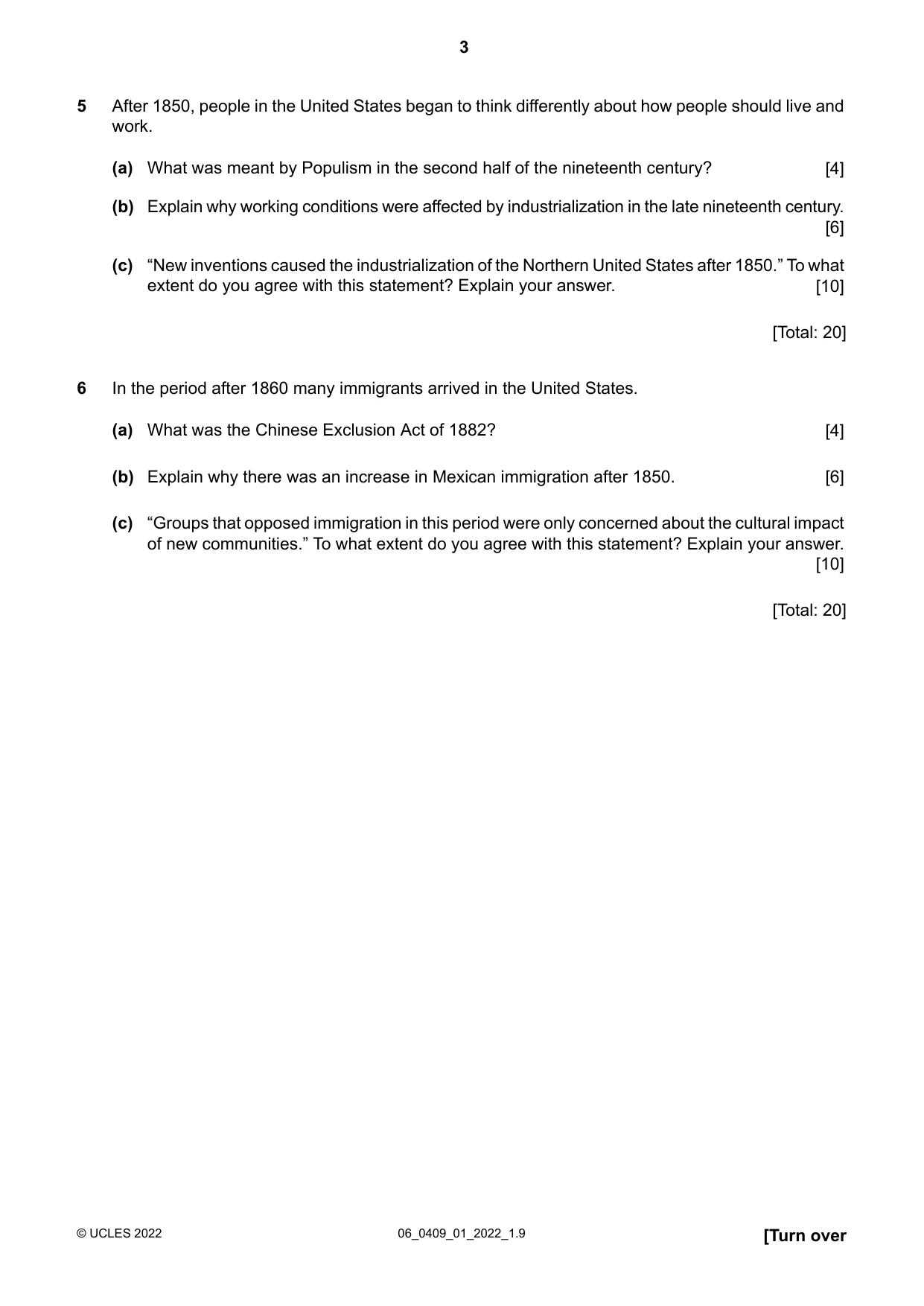 Cambridge IGCSE History American BES 0409 2022 May/June Paper 1 · Variant 0 question paper, page 3 of 8