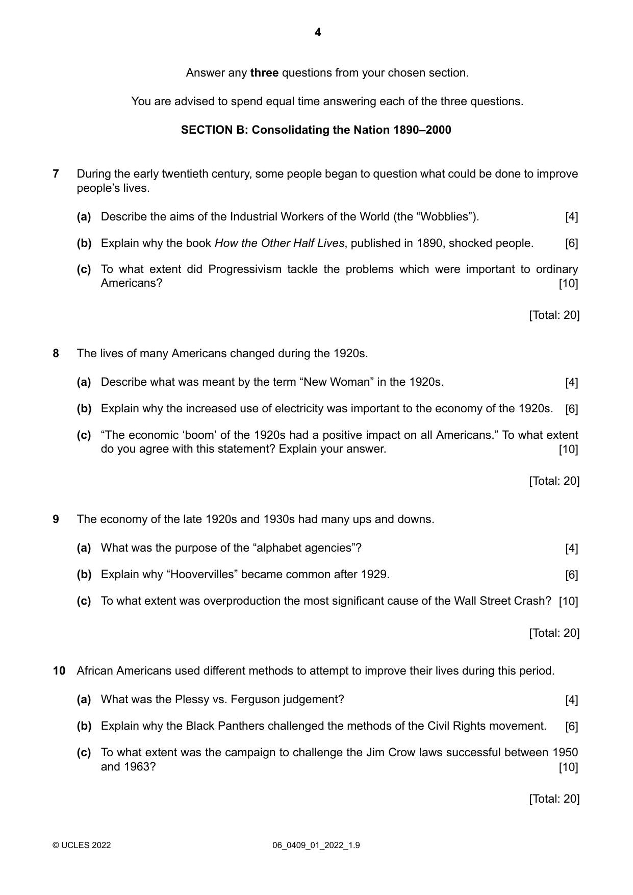 Cambridge IGCSE History American BES 0409 2022 May/June Paper 1 · Variant 0 question paper, page 4 of 8
