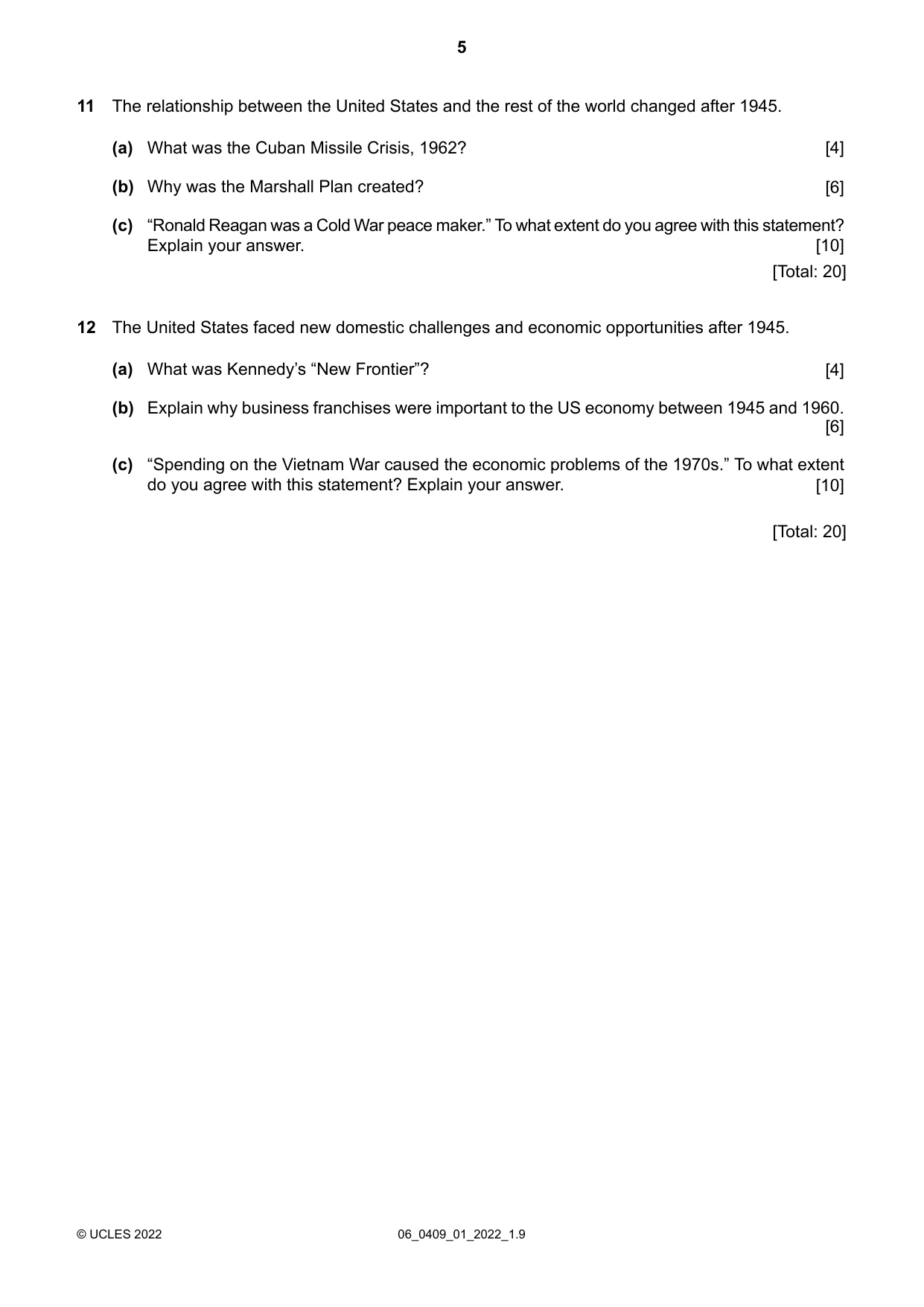 Cambridge IGCSE History American BES 0409 2022 May/June Paper 1 · Variant 0 question paper, page 5 of 8