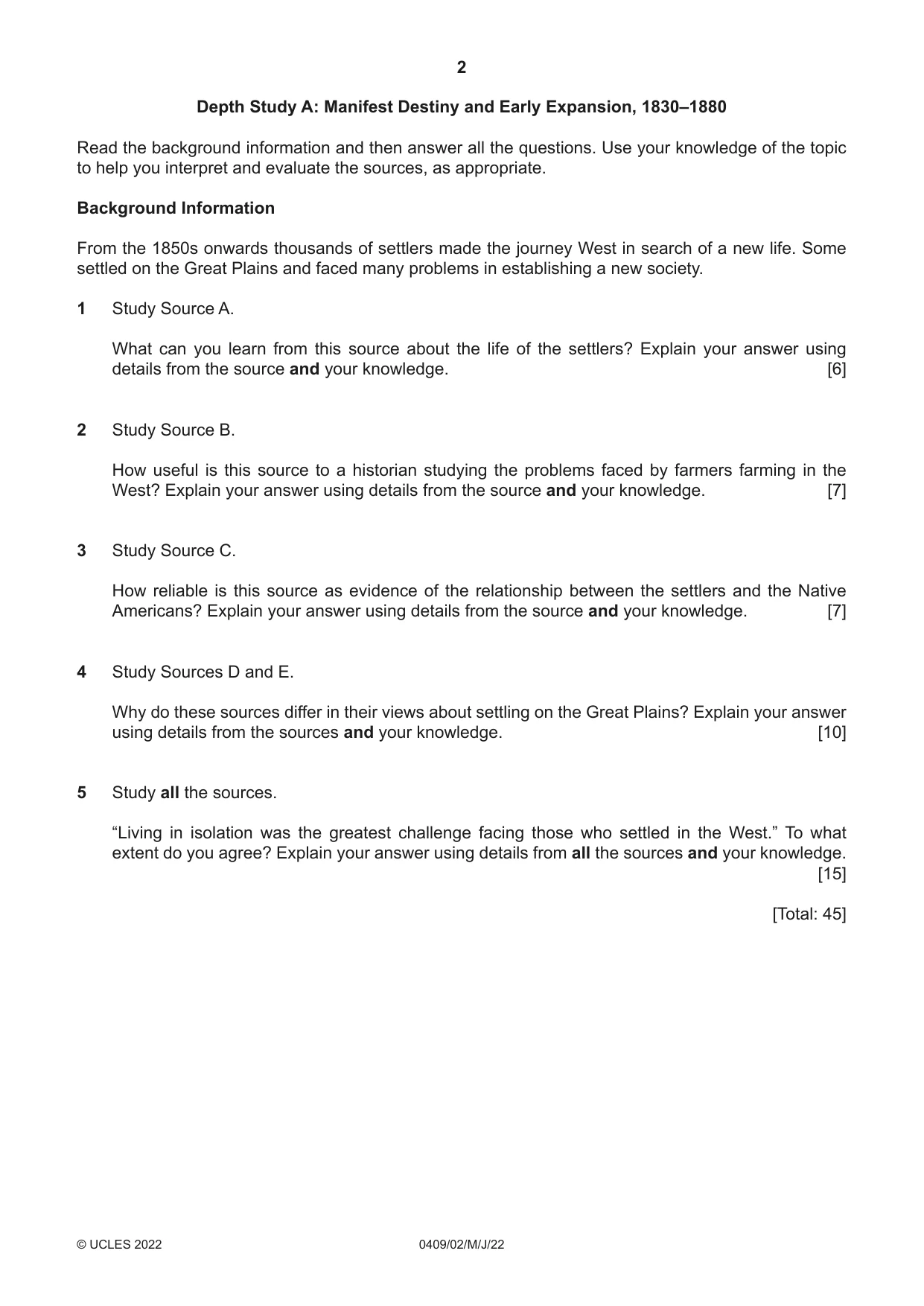 Cambridge IGCSE History American BES 0409 2022 May/June Paper 2 · Variant 0 question paper, page 2 of 8