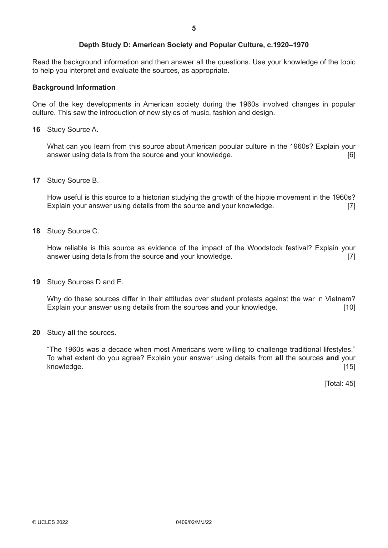 Cambridge IGCSE History American BES 0409 2022 May/June Paper 2 · Variant 0 question paper, page 5 of 8