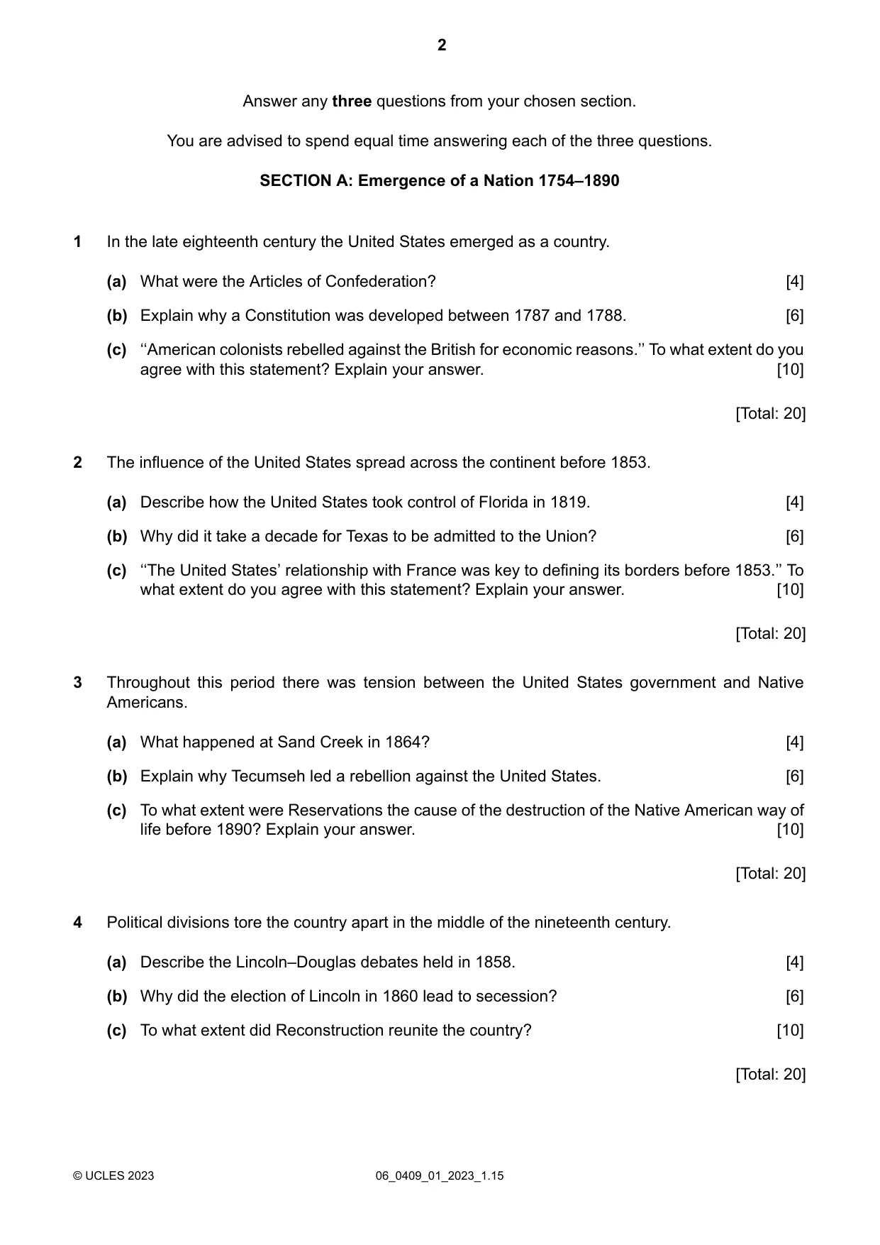 Cambridge IGCSE History American BES 0409 2023 May/June Paper 1 · Variant 0 question paper, page 2 of 8
