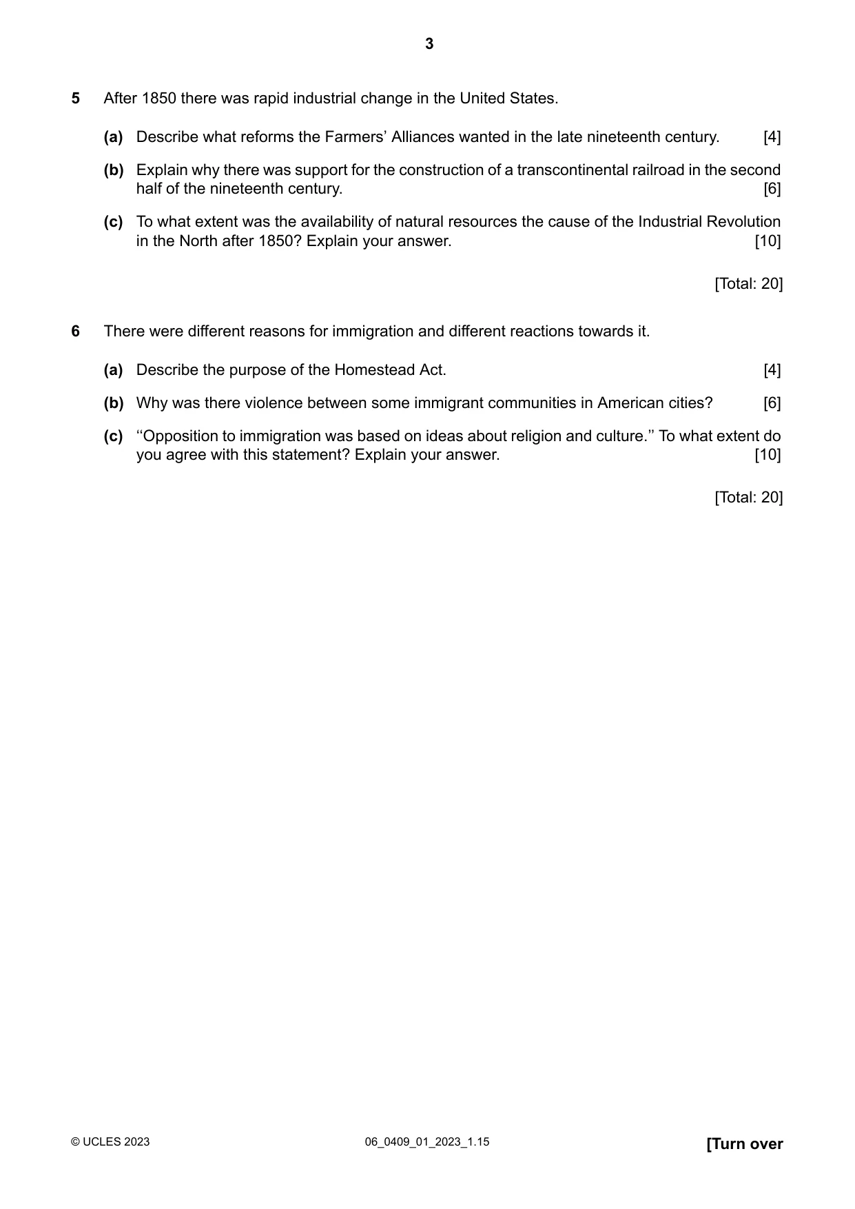 Cambridge IGCSE History American BES 0409 2023 May/June Paper 1 · Variant 0 question paper, page 3 of 8