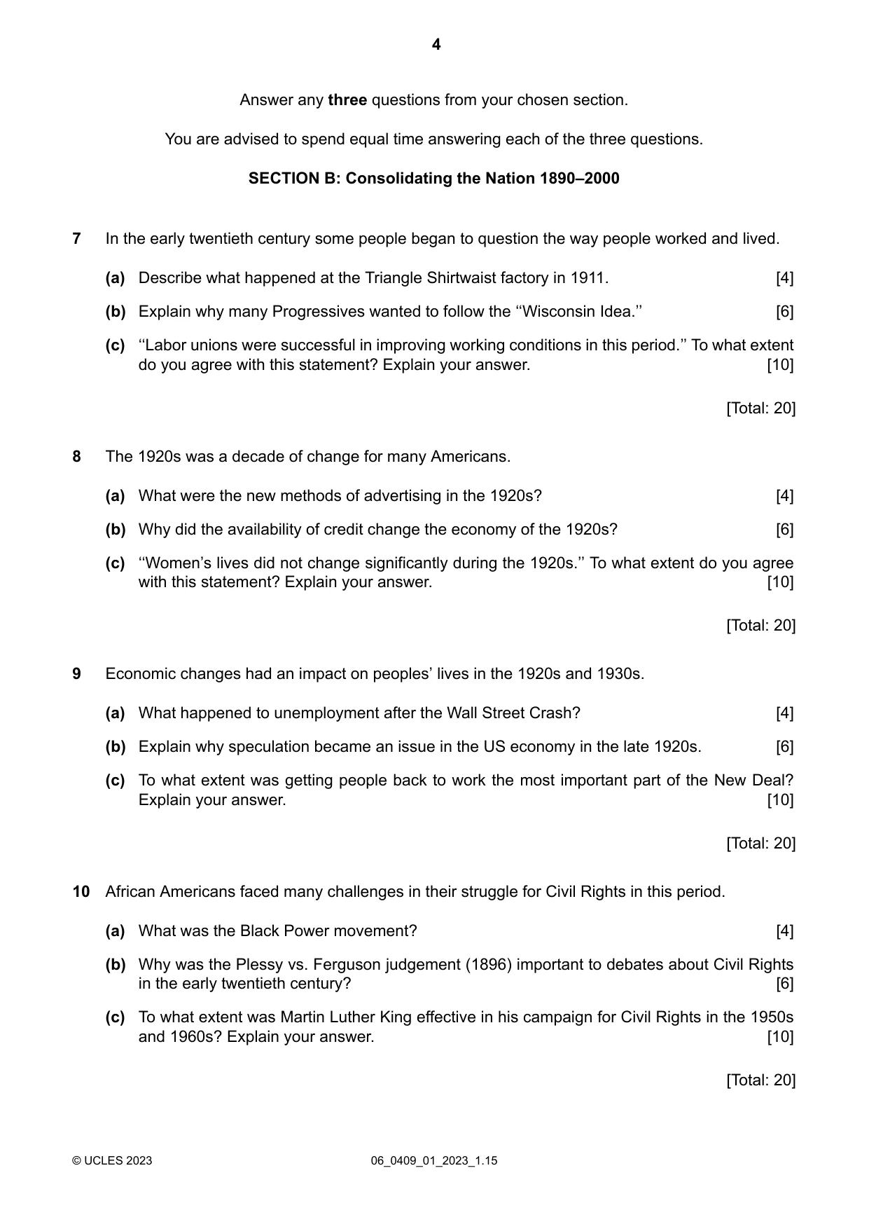 Cambridge IGCSE History American BES 0409 2023 May/June Paper 1 · Variant 0 question paper, page 4 of 8