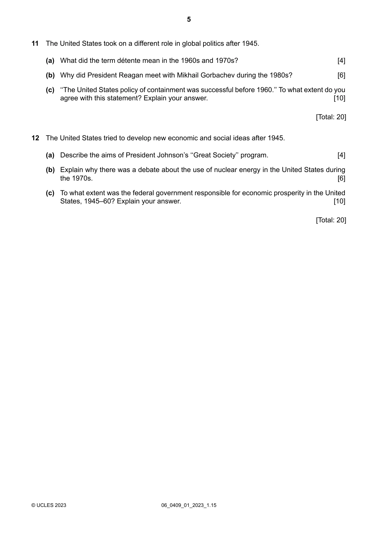 Cambridge IGCSE History American BES 0409 2023 May/June Paper 1 · Variant 0 question paper, page 5 of 8