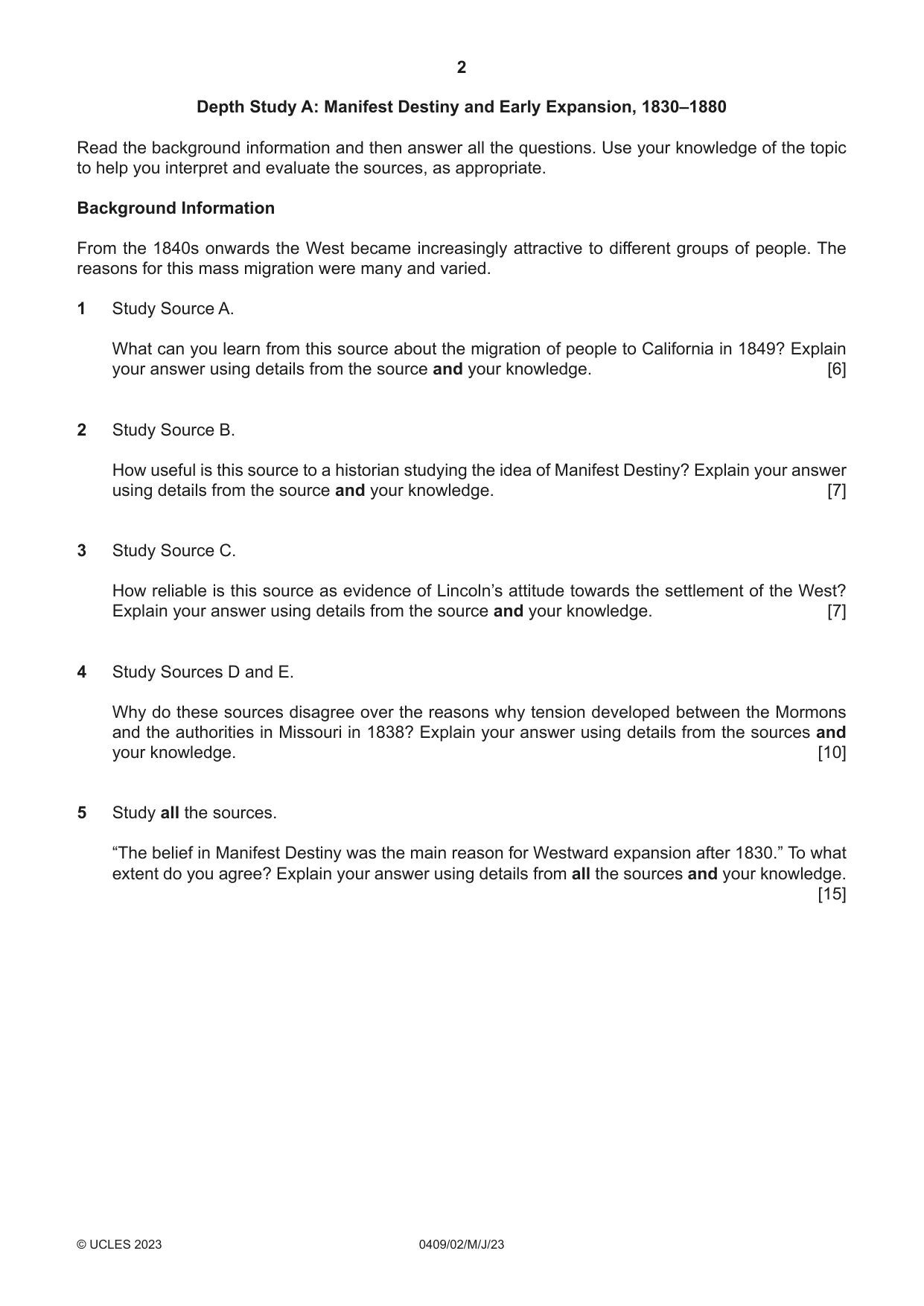 Cambridge IGCSE History American BES 0409 2023 May/June Paper 2 · Variant 0 question paper, page 2 of 8